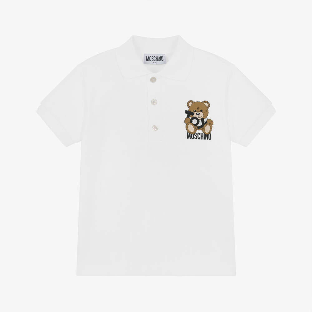 Boys White Printed Cotton Polo Shirt