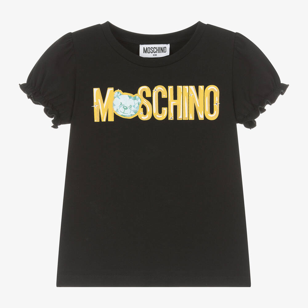 Girls Black Teddy Bear Cotton T-Shirt