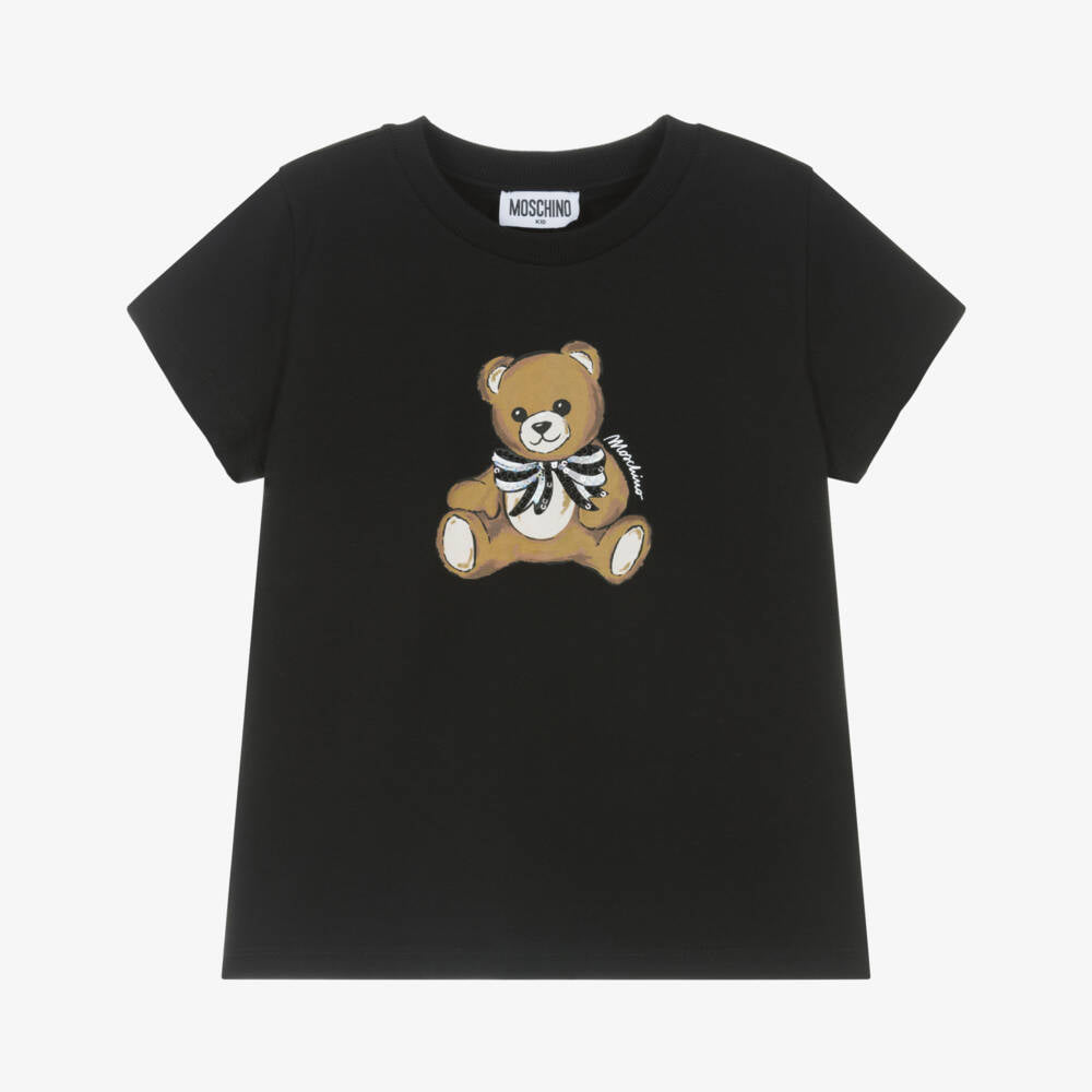 Boys & Girls Black Bear Printed Cotton T-Shirt