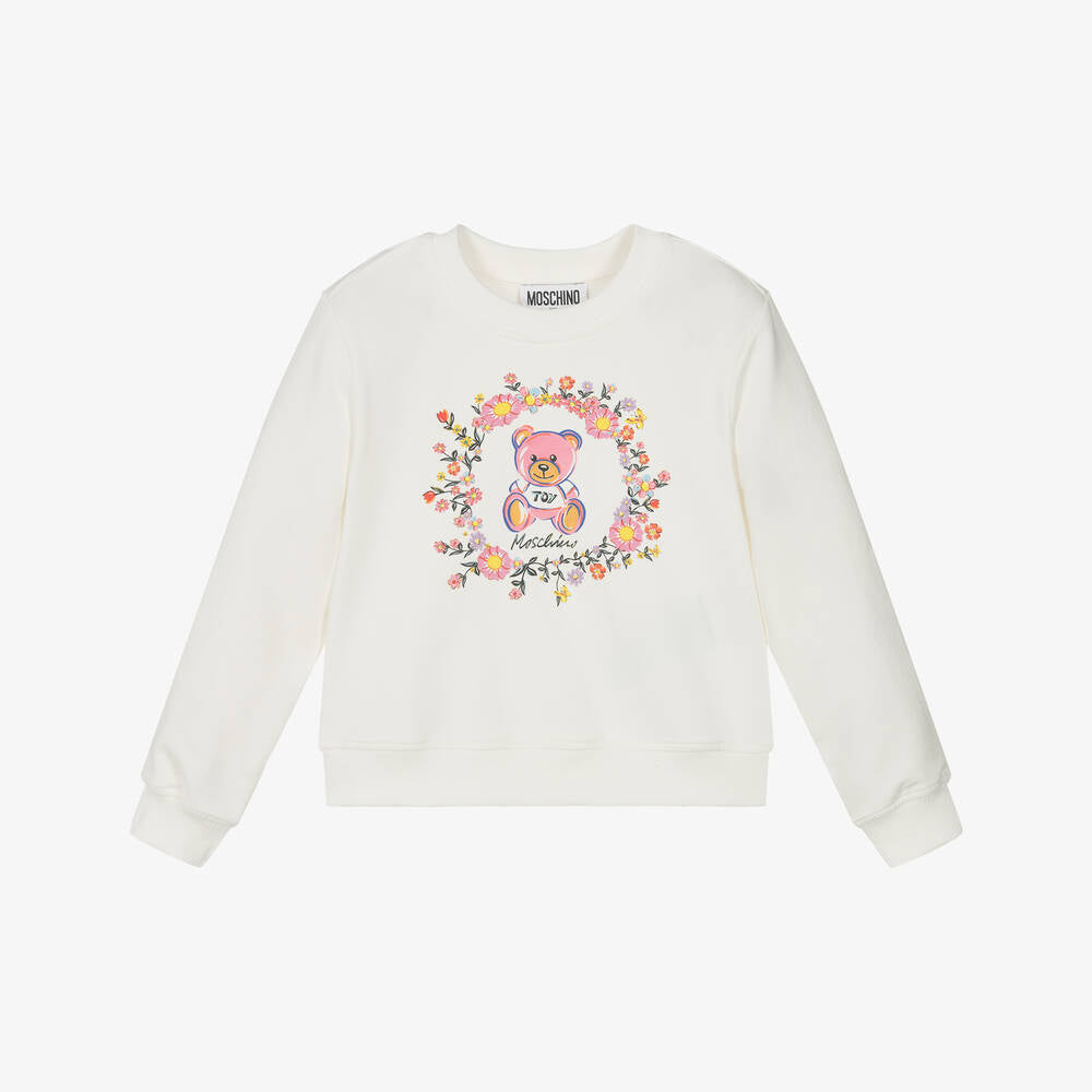 Girls Ivory Teddy Bear Printed Cotton Sweatshirt