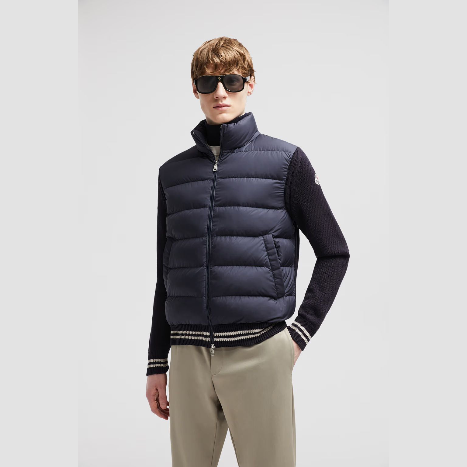 Men Navy Padded Down Zip-Up Top