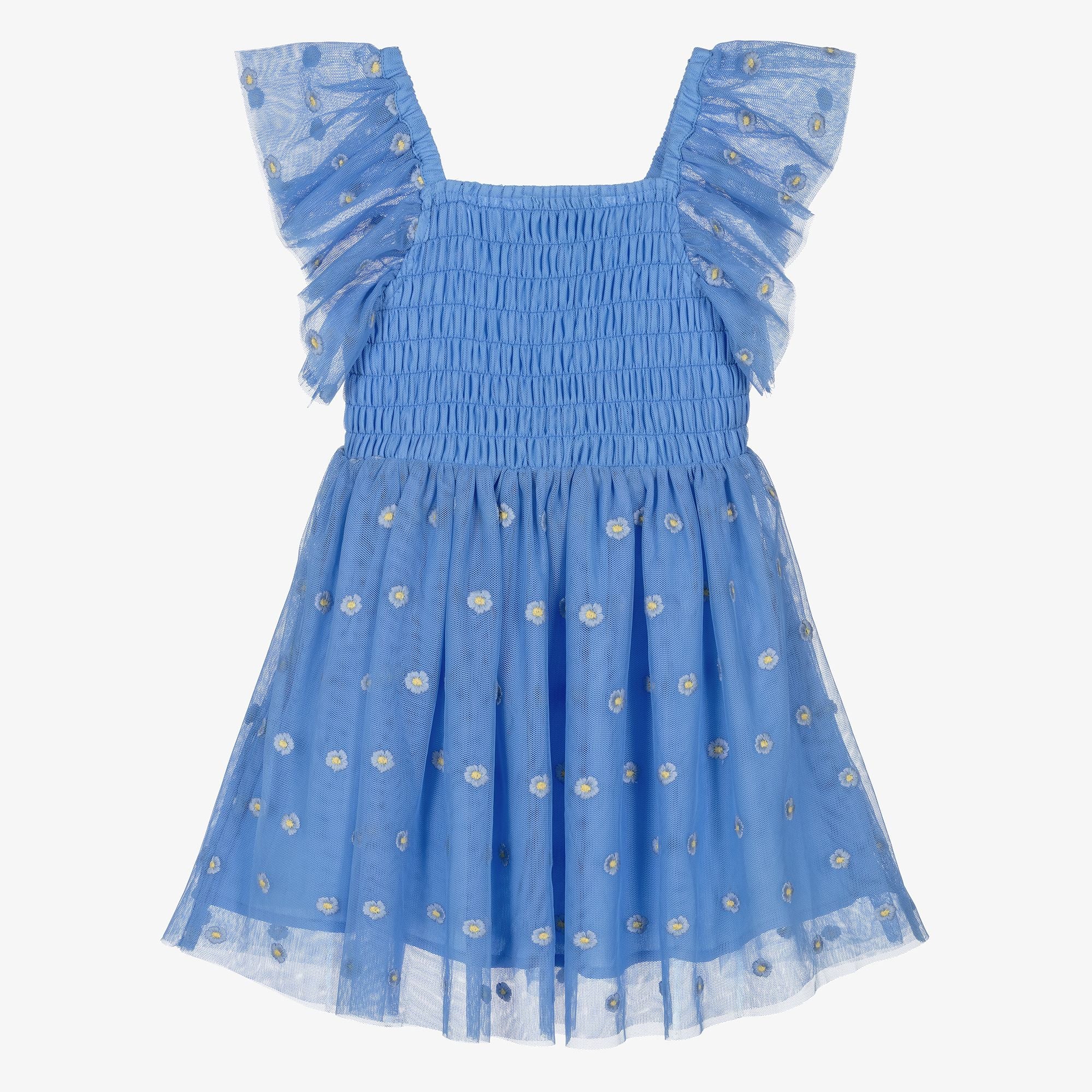 Girls Blue Flower Embroidered Tulle Dress