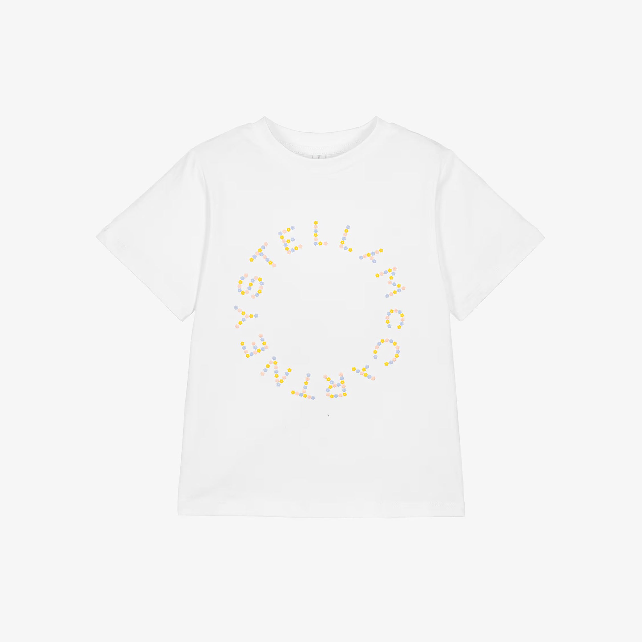 Girls White Embroidered Floral Logo Cotton T-Shirt