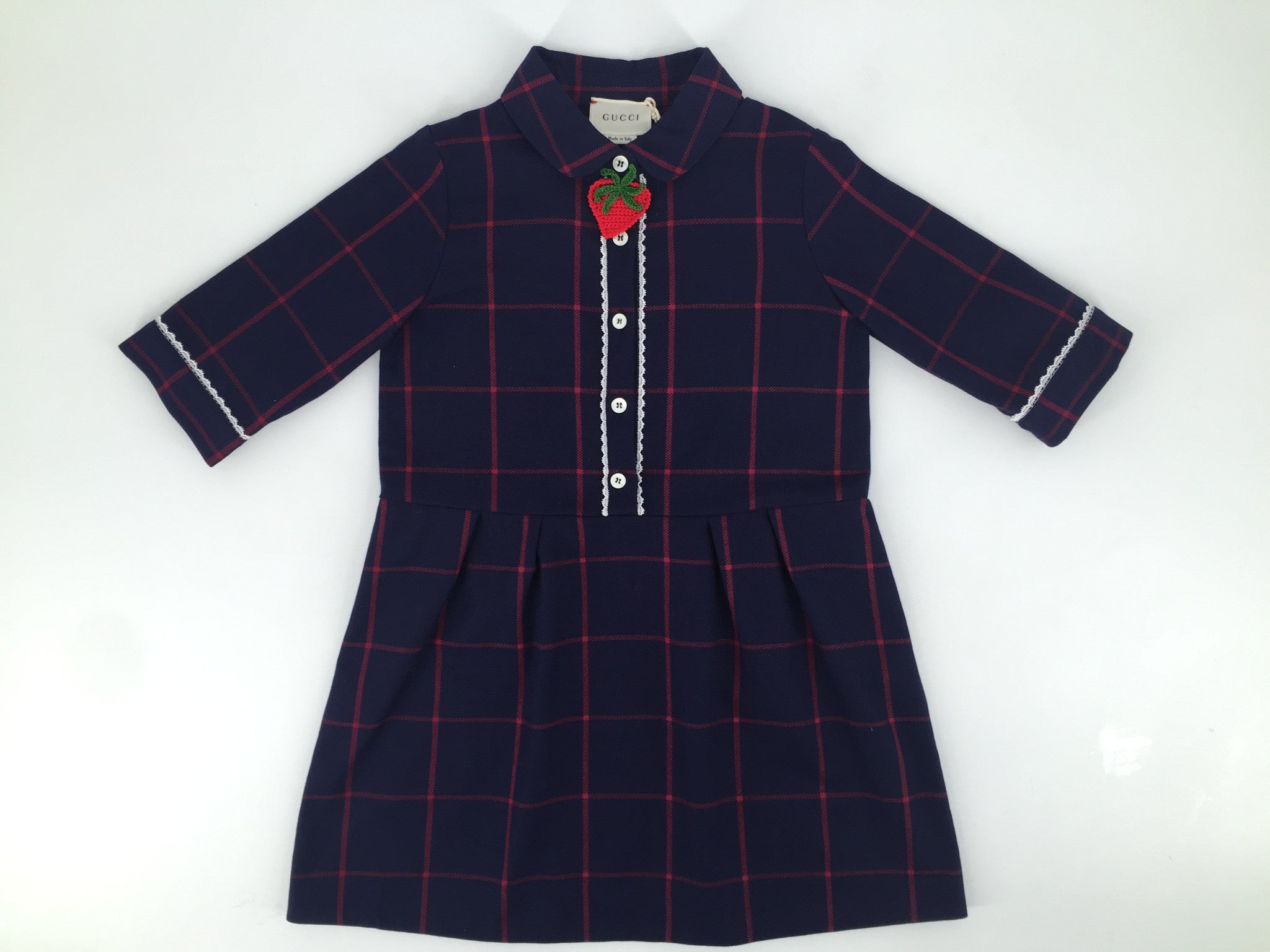 Girls Navy Blue Check Cotton Dress With Patch Strawberry Trims - CÉMAROSE | Children's Fashion Store - 1
