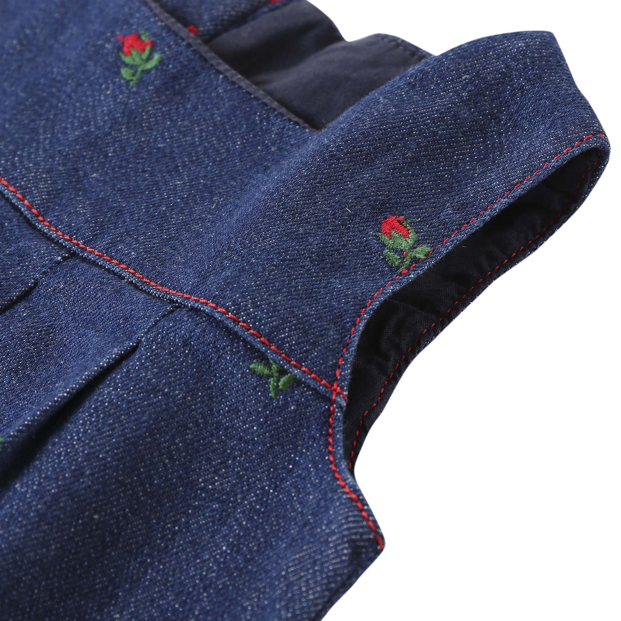 Baby Girls Blue Denim Dress With Red Embroidered Flower Trims - CÉMAROSE | Children's Fashion Store - 5