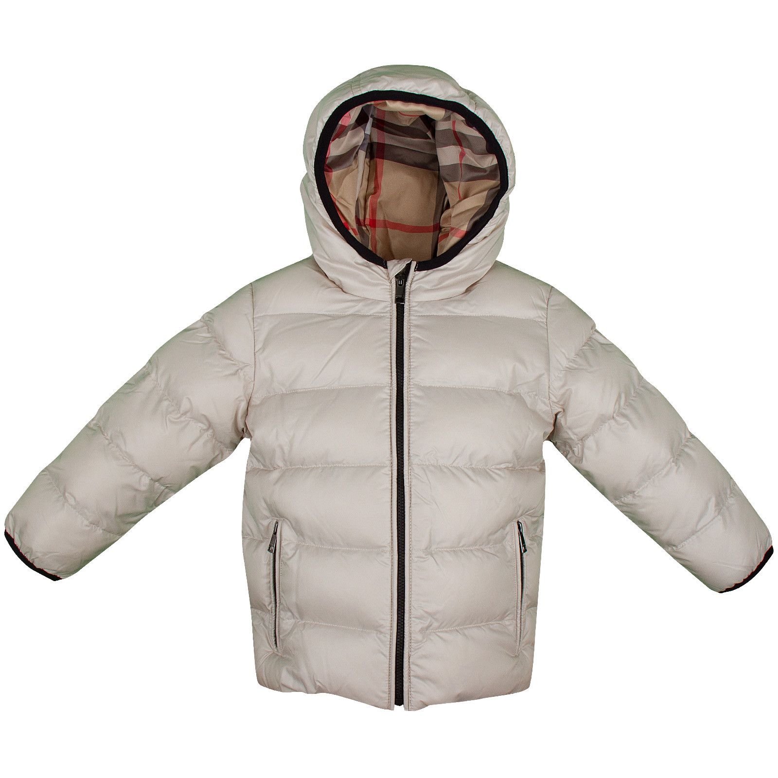 Boys Olive Green Classic Puffer Jacket With Beige Check Hood - CÉMAROSE | Children's Fashion Store - 1