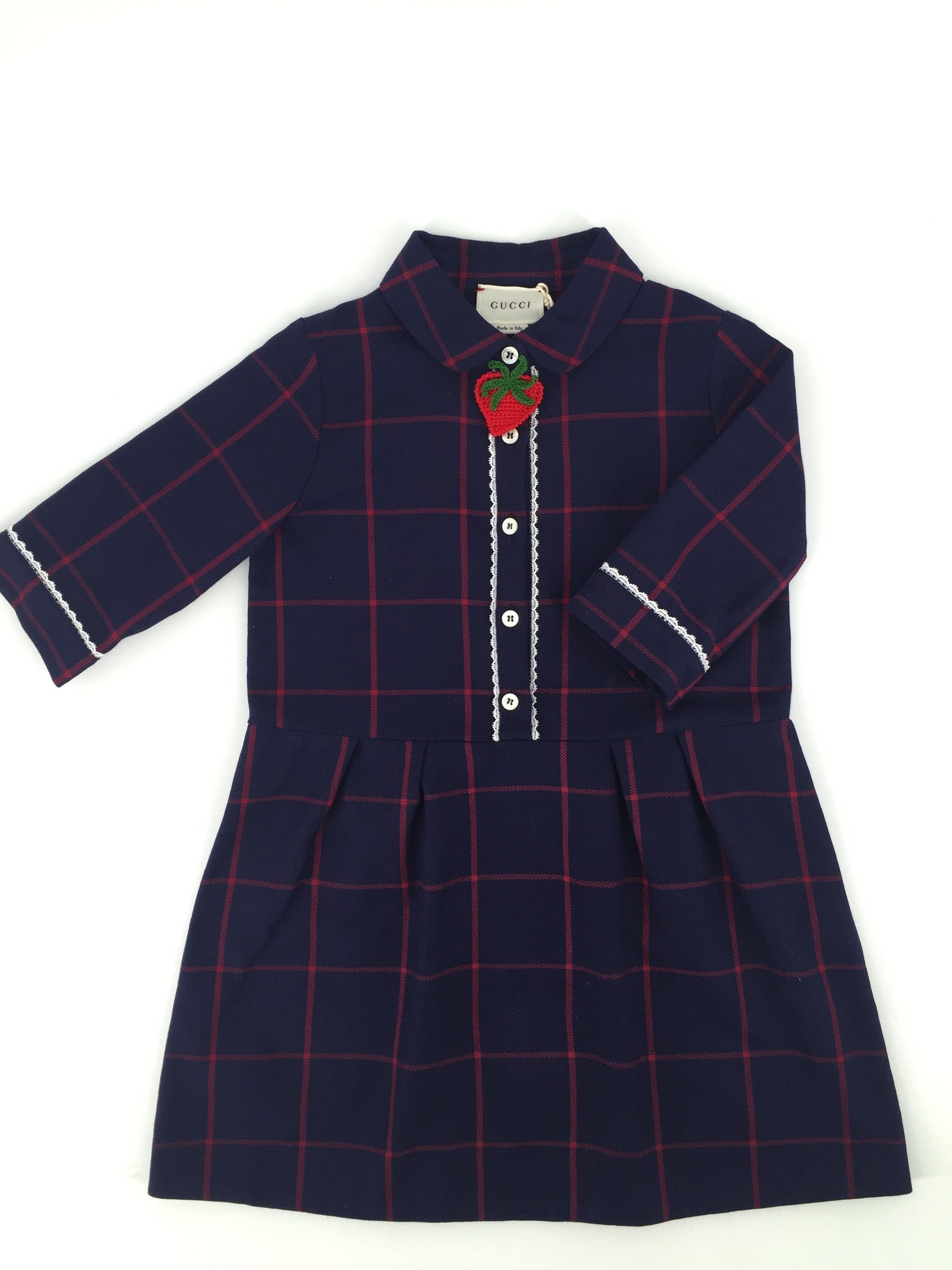 Girls Navy Blue Check Cotton Dress With Patch Strawberry Trims - CÉMAROSE | Children's Fashion Store - 2