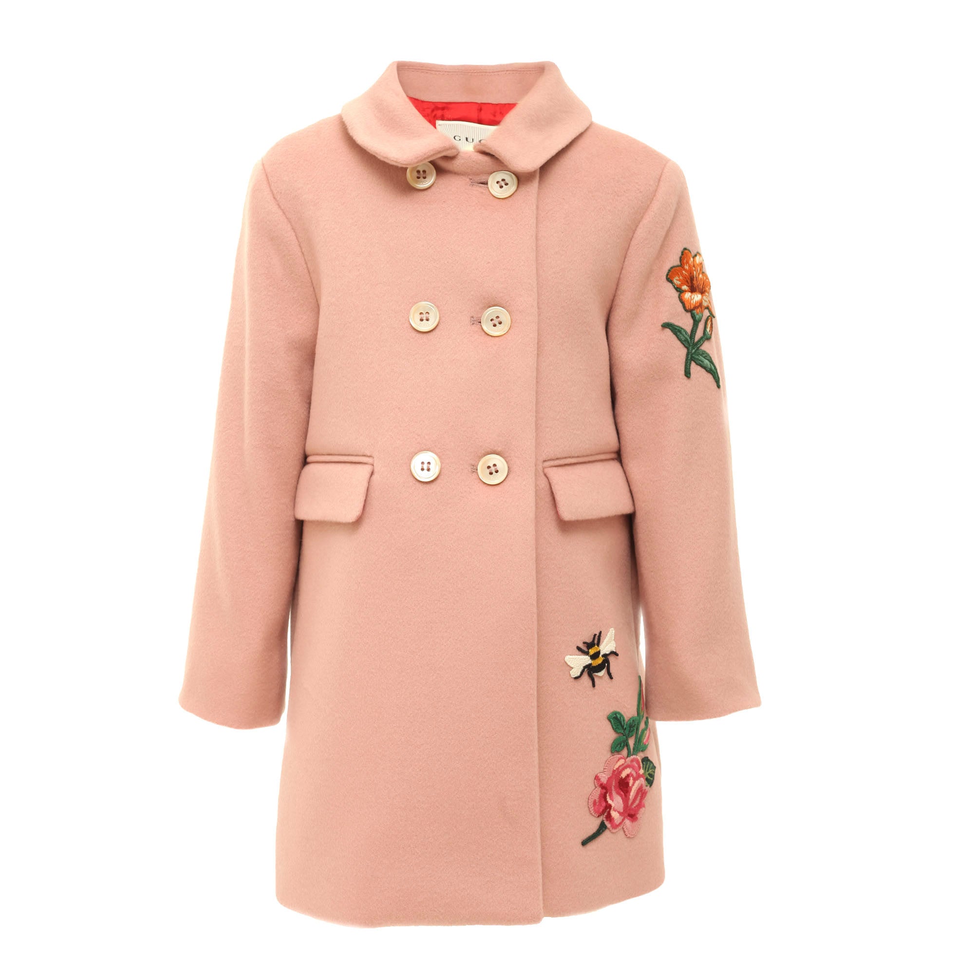 Baby Girls Pink Wool Coat With Embroidered Flower Trims - CÉMAROSE | Children's Fashion Store - 1