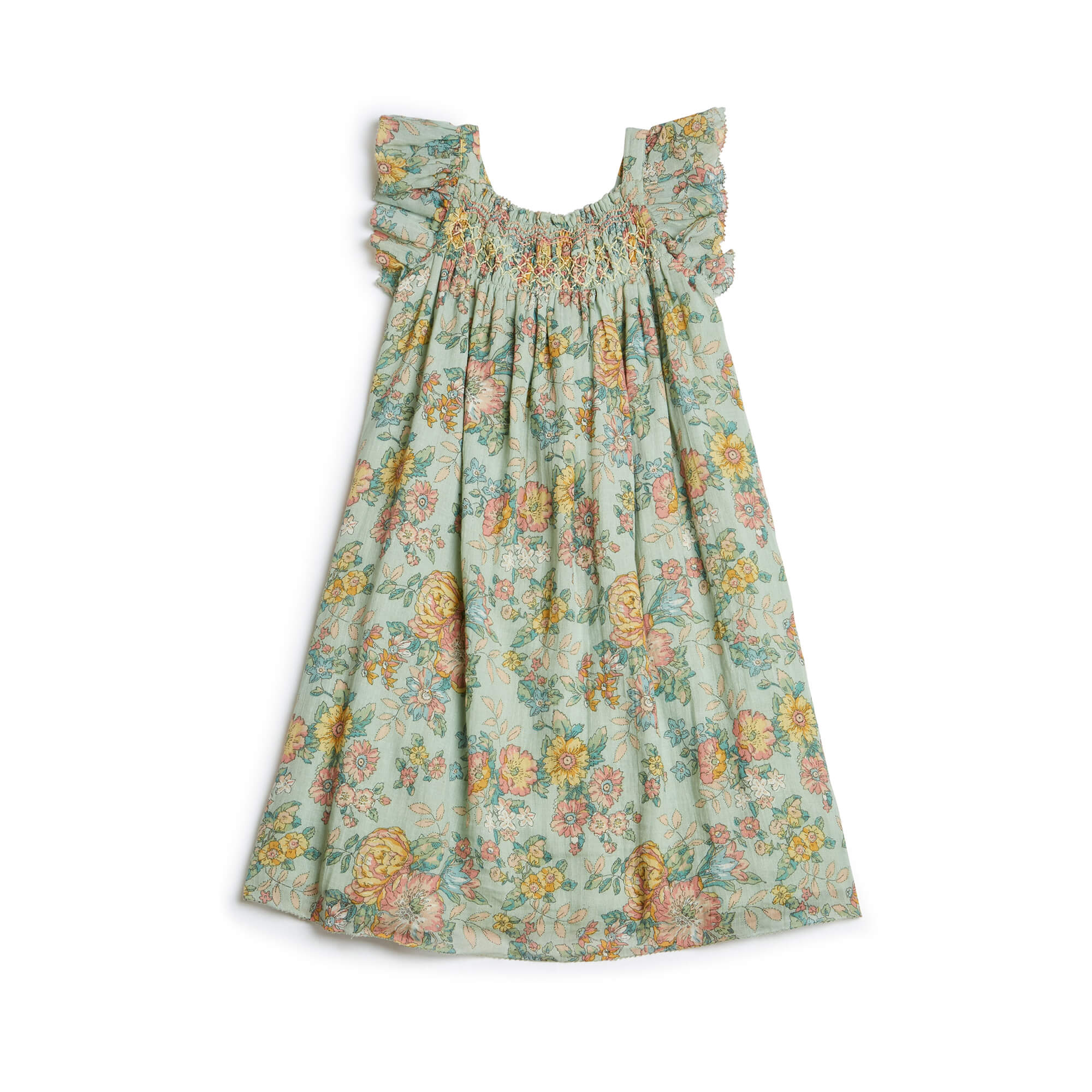 Girls Green Flowers Cotton Dress