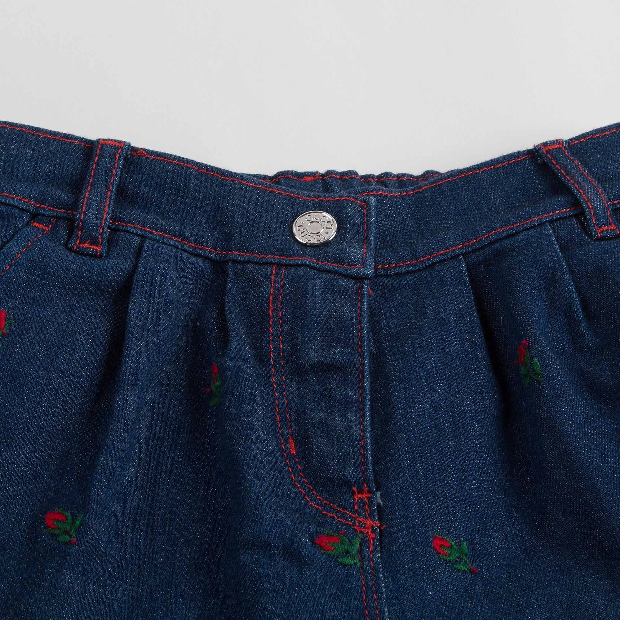 Baby Girls Blue Denim Jeans With Red Embroidered Flower Trims - CÉMAROSE | Children's Fashion Store - 3