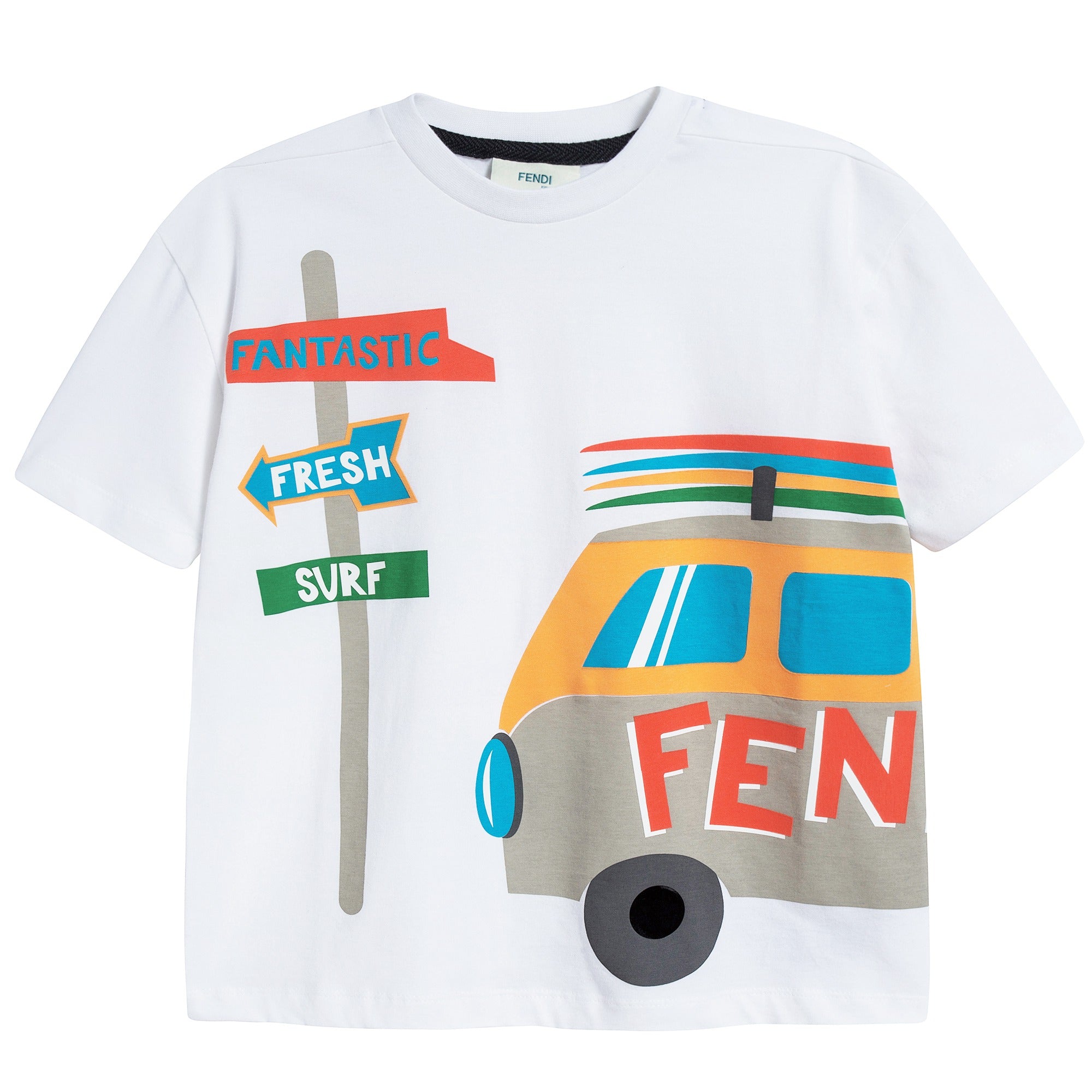 Boys White "Bus" Printed Cotton T-shirt