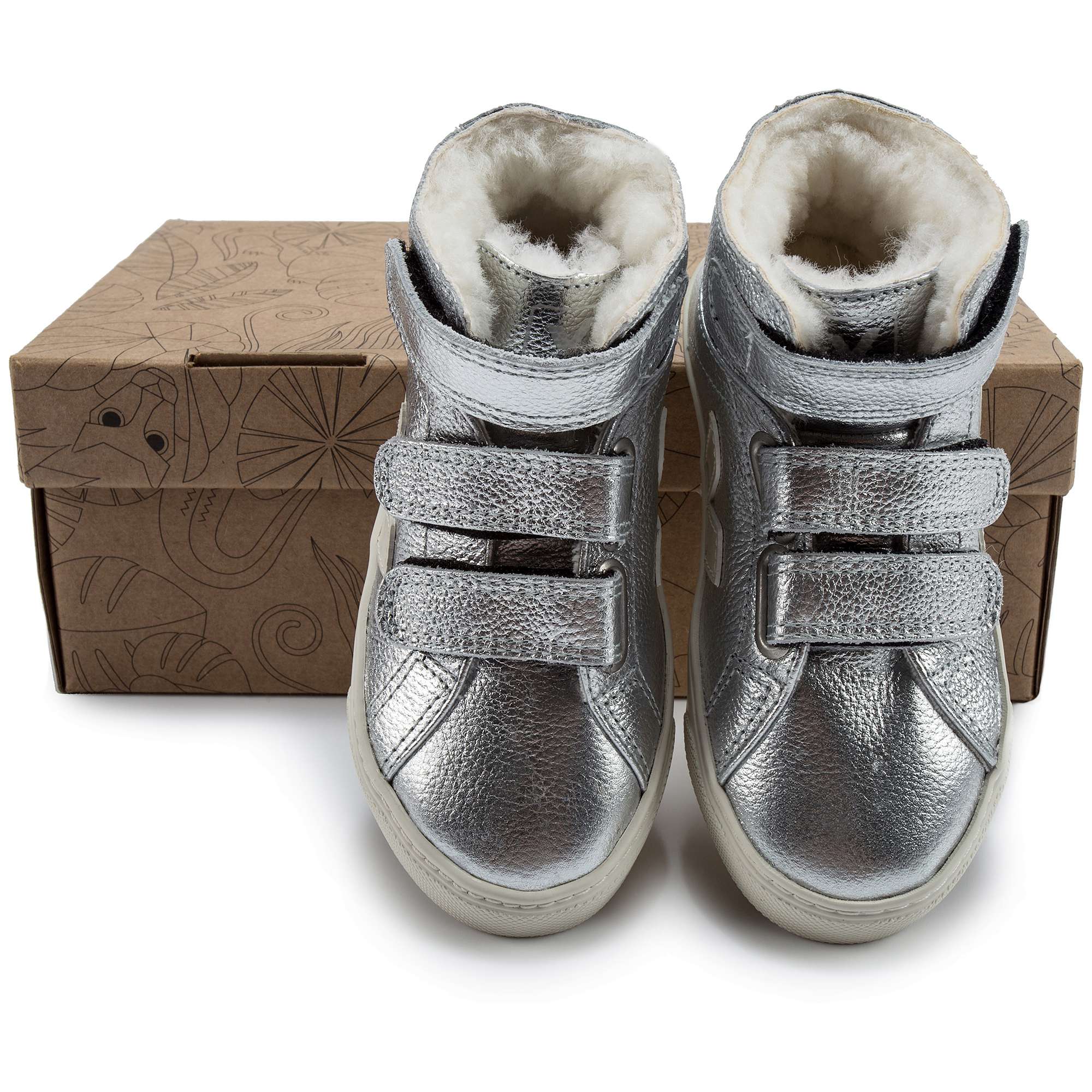 Chaussures en cuir argenté avec velcro et « V » blanc pour Garçons et Filles