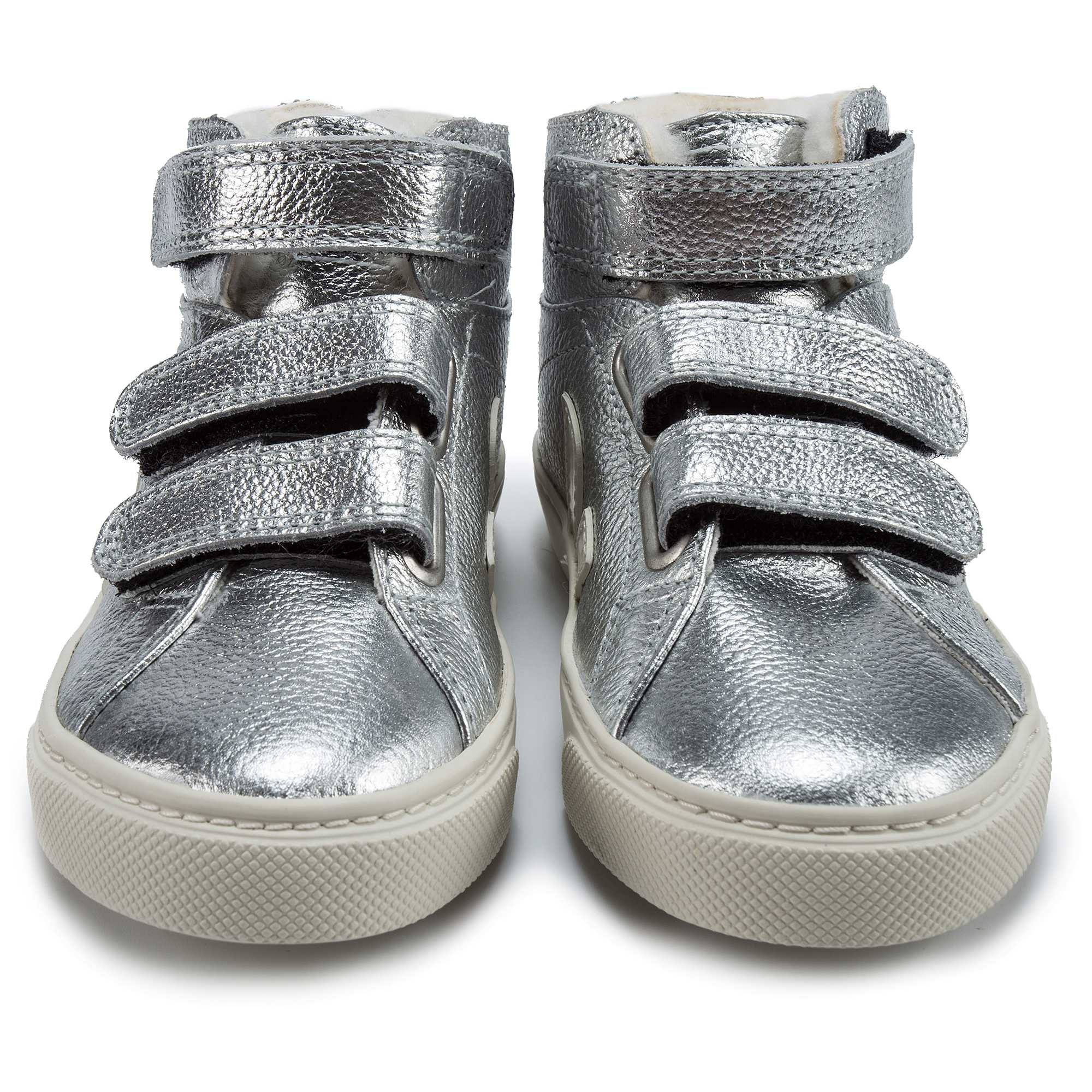 Boys & Girls Silver Leather Velcro With White "V" Shoes
