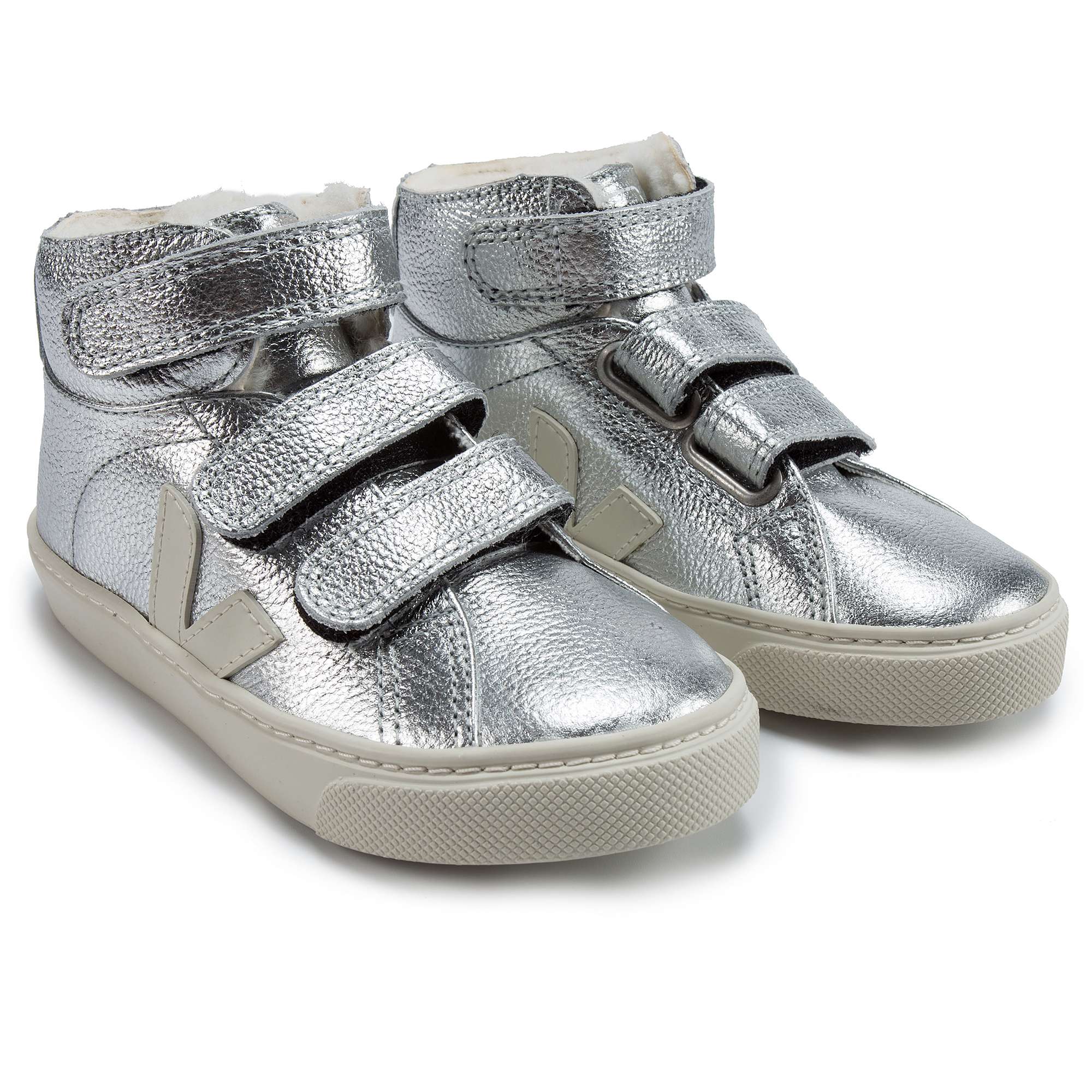 Boys & Girls Silver Leather Velcro With White "V" Shoes