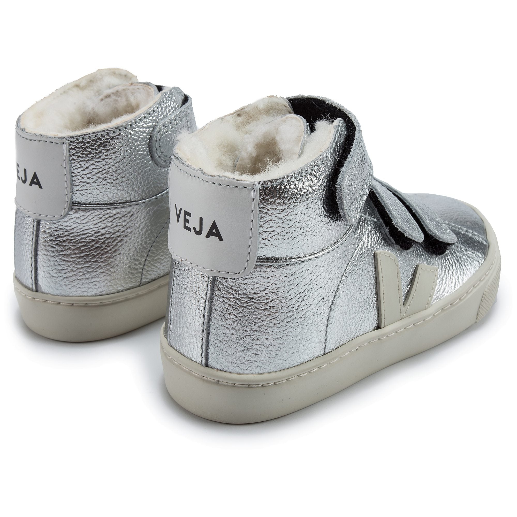 Chaussures en cuir argenté avec velcro et « V » blanc pour Garçons et Filles