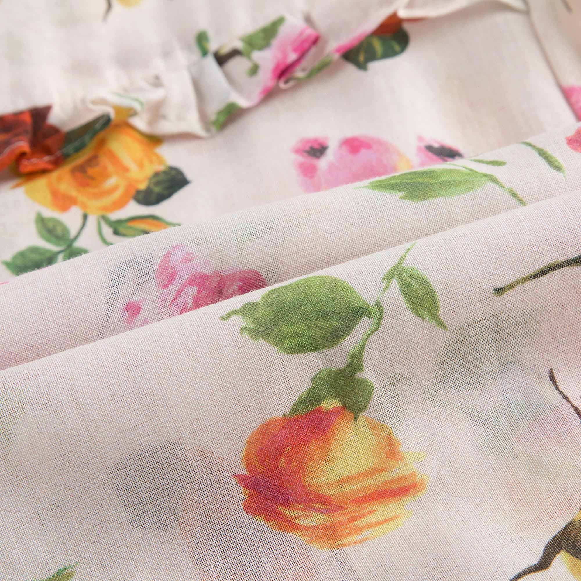 Girls White Cotton Dress With Multicolor Flower Print Trims
