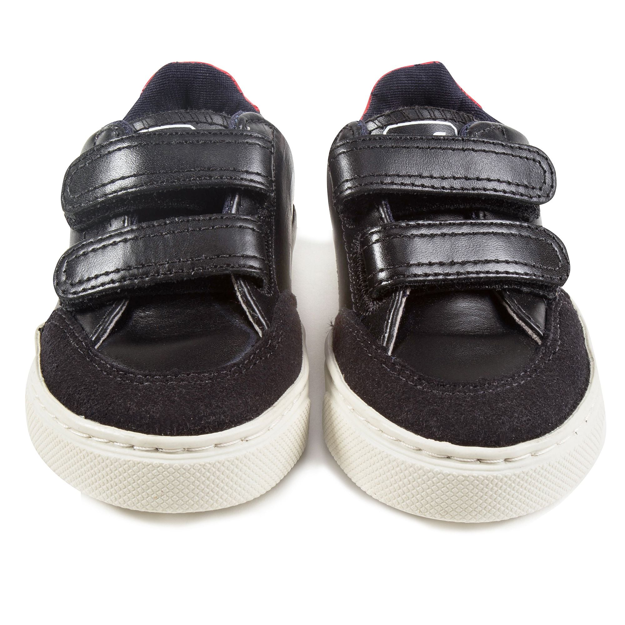 Baby Boys Black Leather Velcro With White "V" Shoes