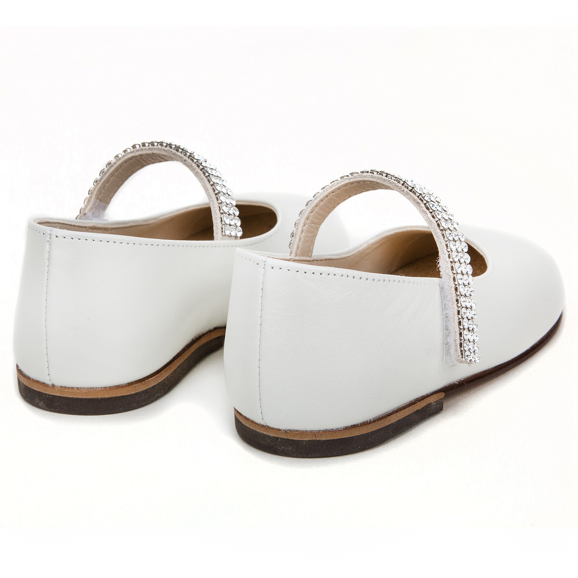 Chaussures en cuir ivoire pour bébés filles avec ornements en diamants blancs