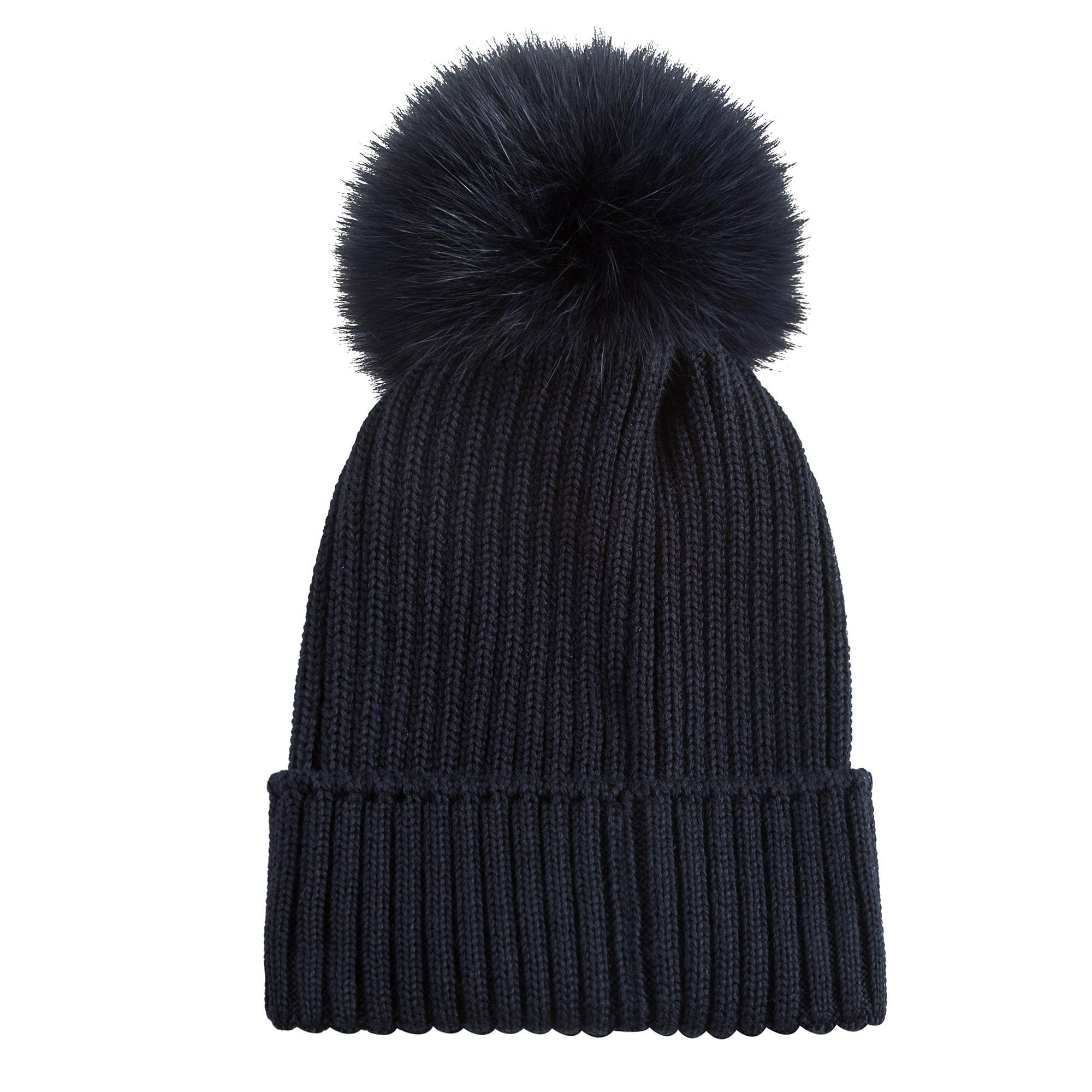 Boys & Girls Navy Blue Knitted Hat With Fur Pom-Pom Trim