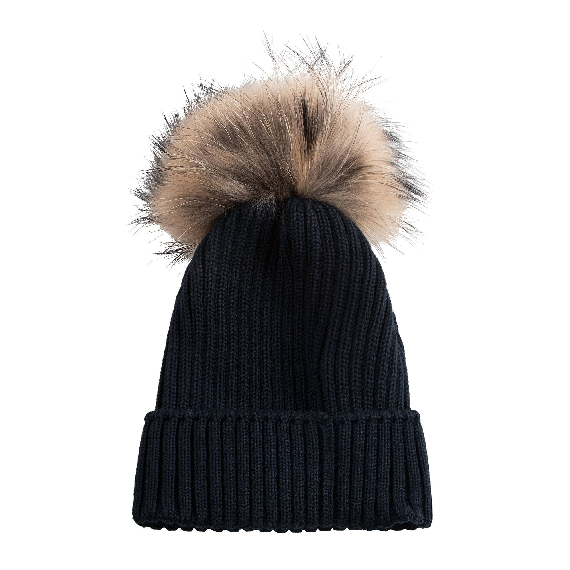Boys & Girls Navy Blue Knitted Hat With Fur Pom-Pom Trim