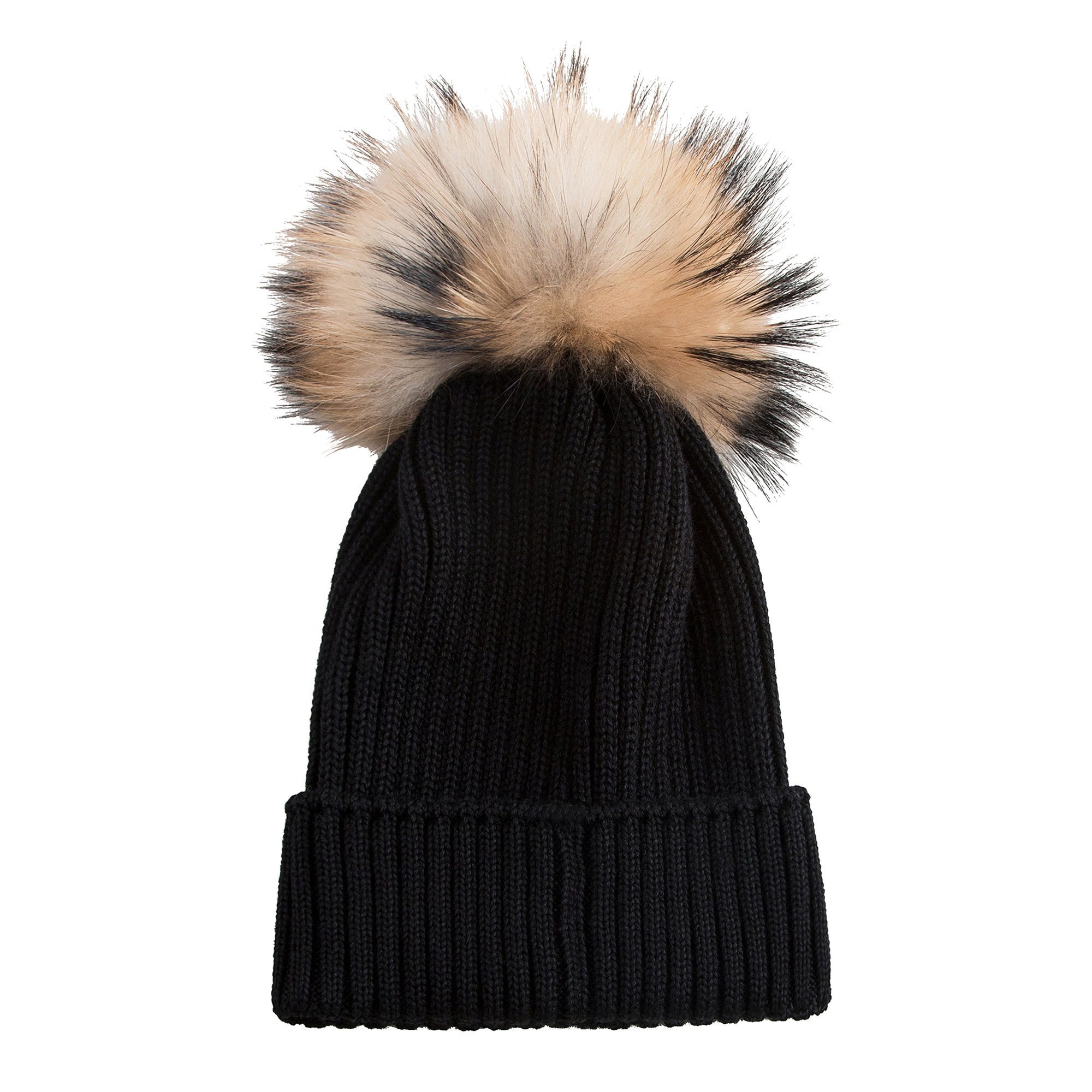 Boys & Girls Black Knitted Hat With Fur Pom-Pom Trim