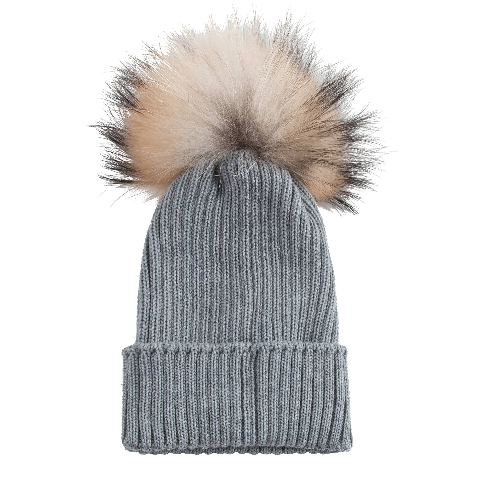 Boys & Girls Grey Knitted Hat With Fur Pom-Pom Trim