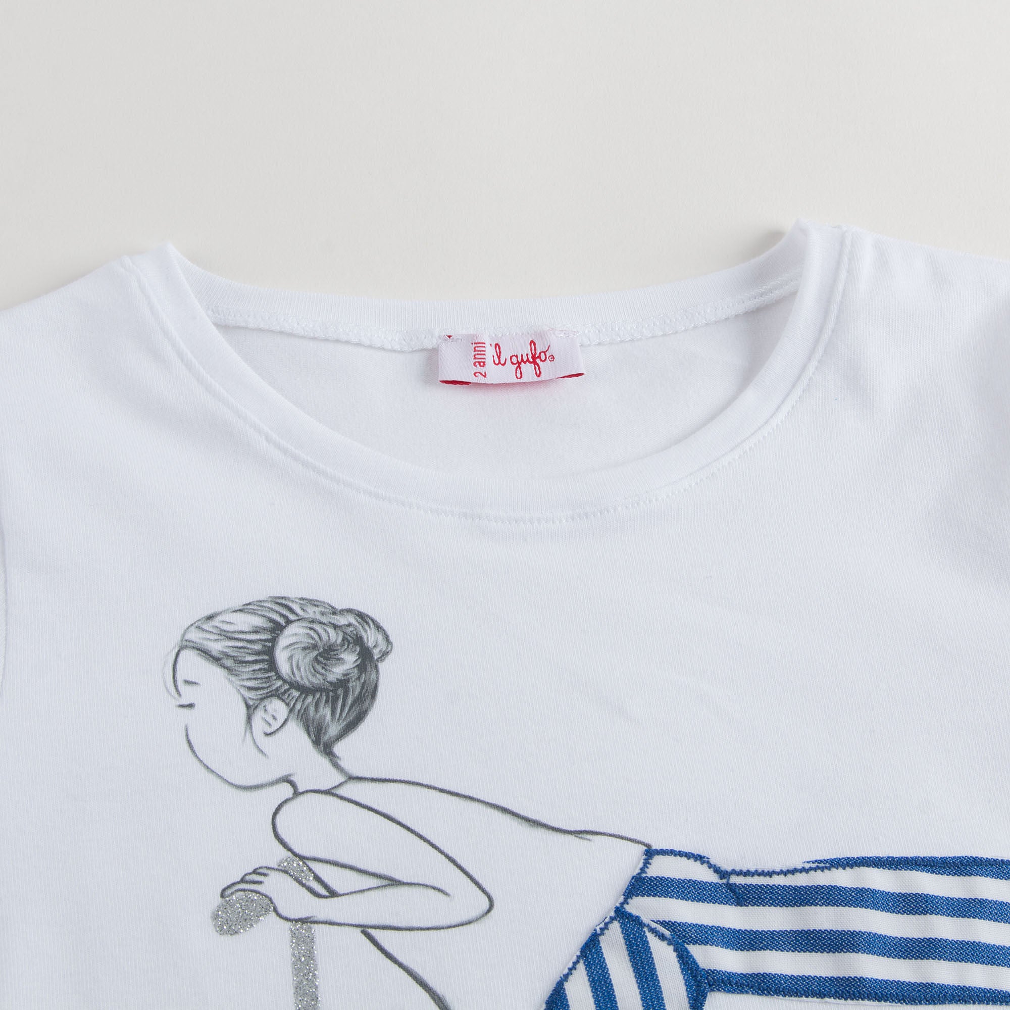 Girls White With Blue stripe Cotton Jersey T-Shirt - CÉMAROSE | Children's Fashion Store - 3