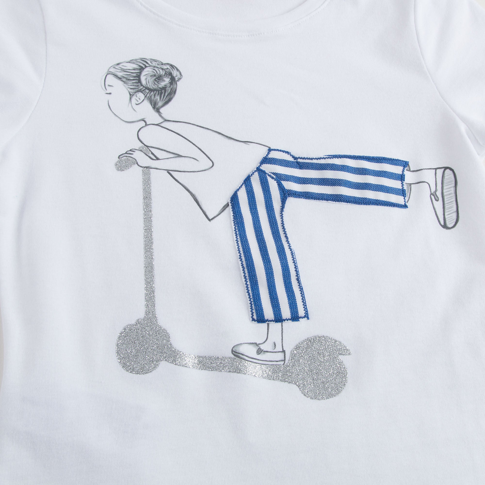 Girls White With Blue stripe Cotton Jersey T-Shirt - CÉMAROSE | Children's Fashion Store - 4