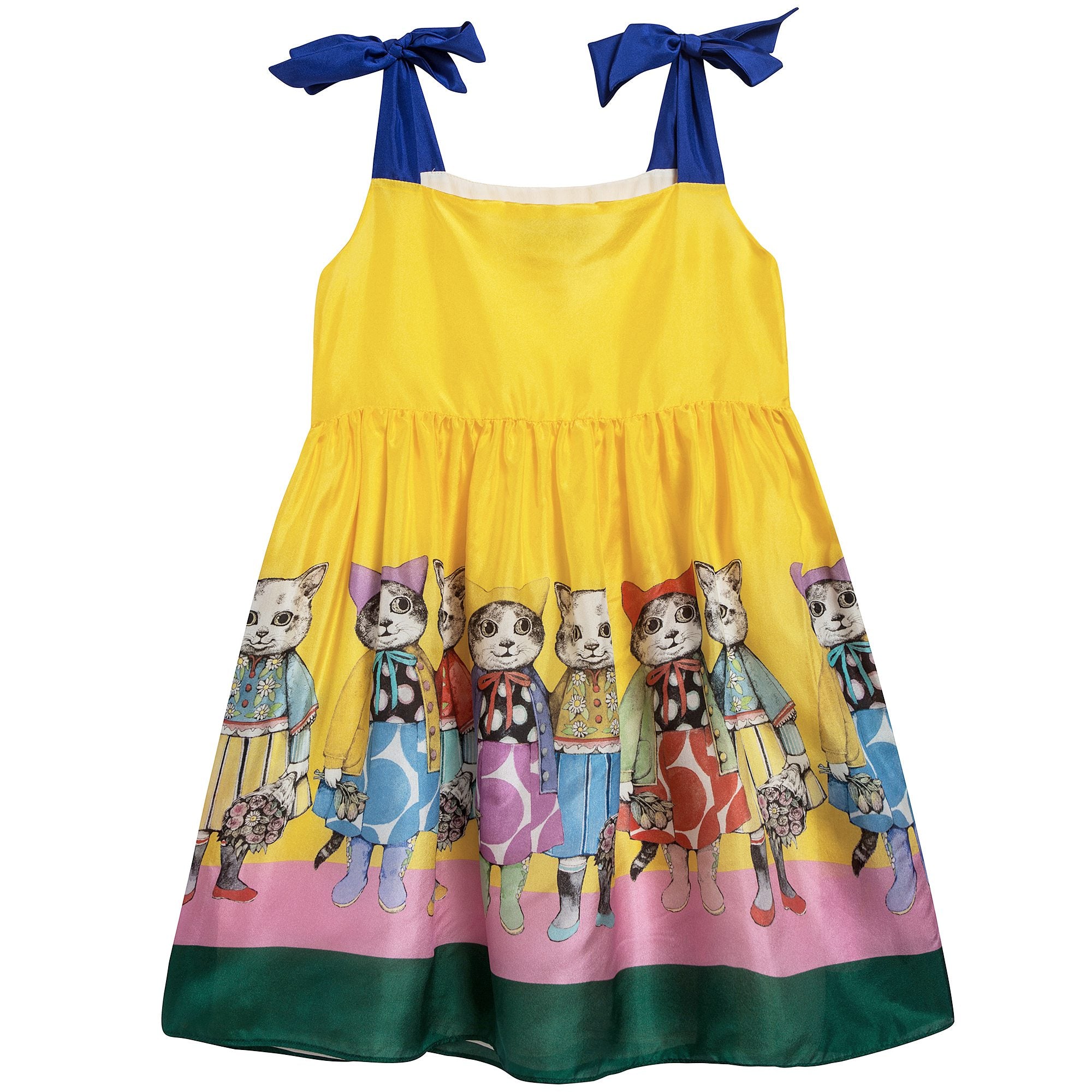 Girls Yellow & Blue Silk Cat Print Dress