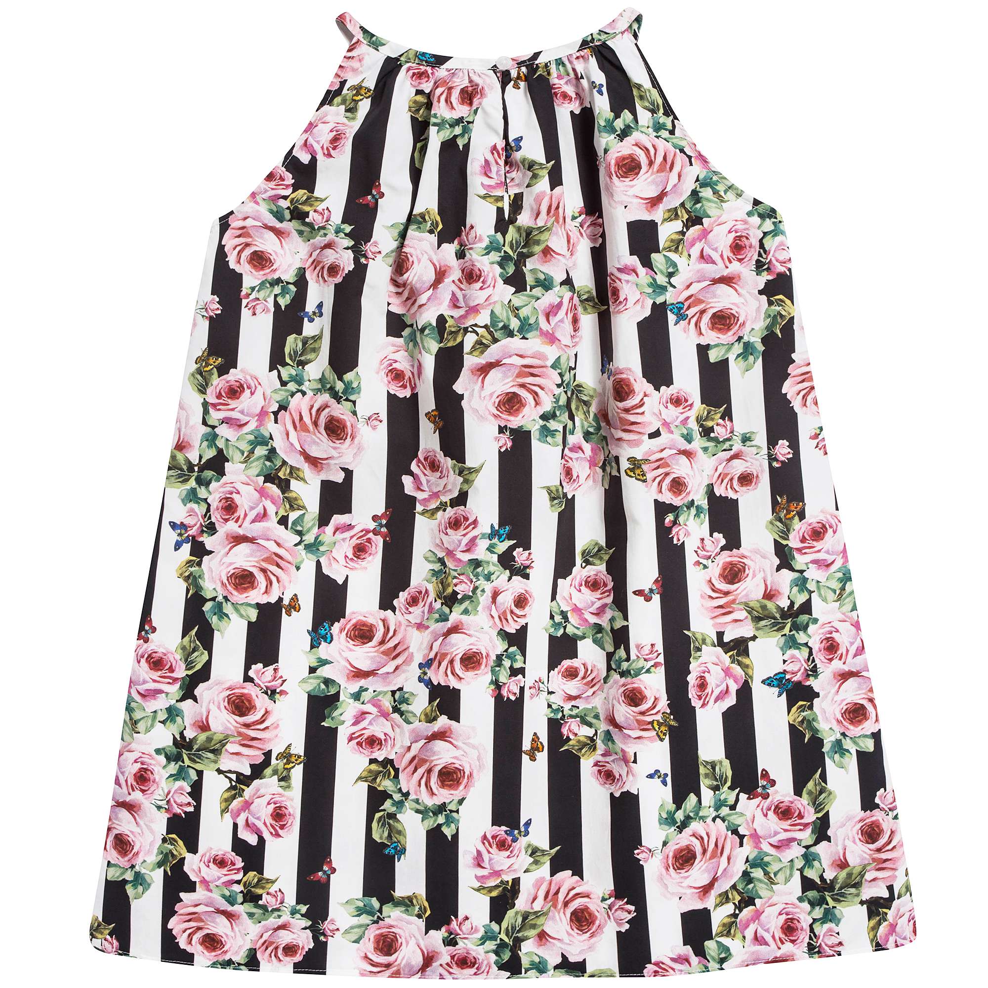 Baby Girls Pink&Black Striped Rose Cotton Dress