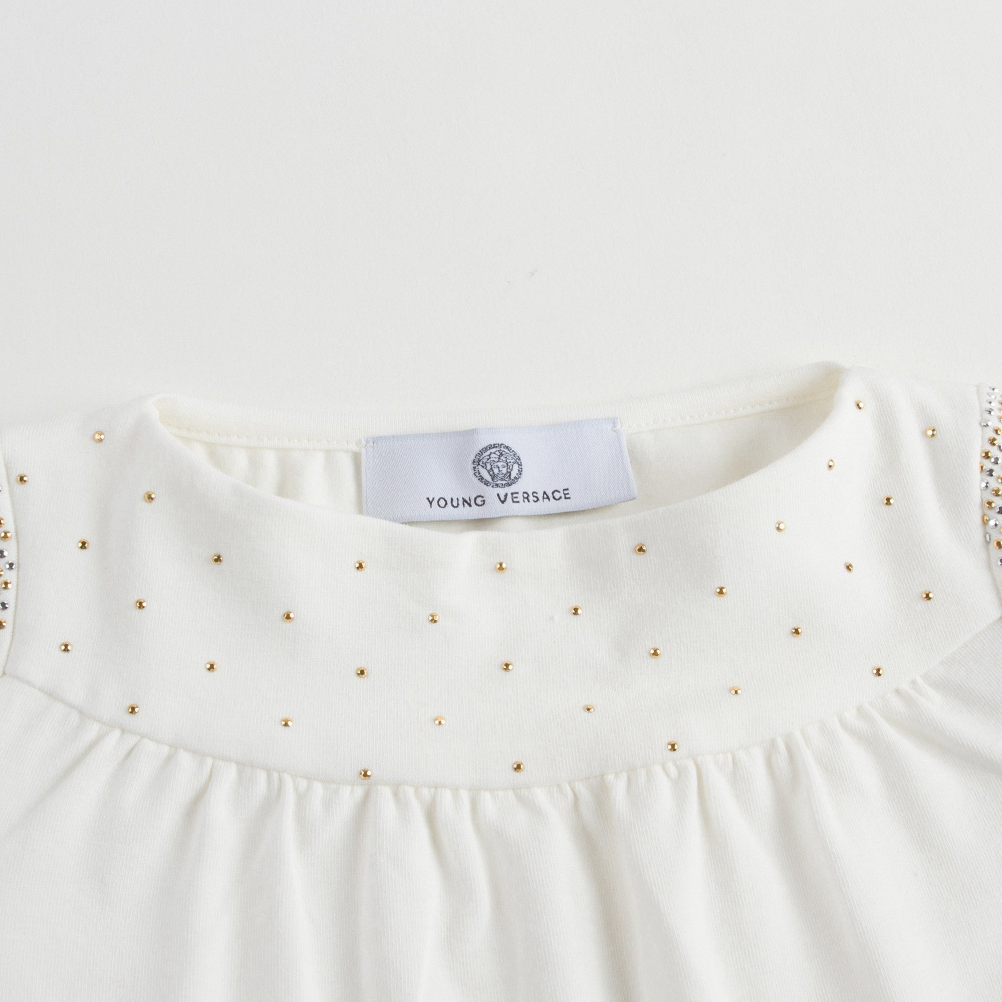 Chemisier en Coton Blanc pour Bébé Fille avec Bordures en Strass Dorés