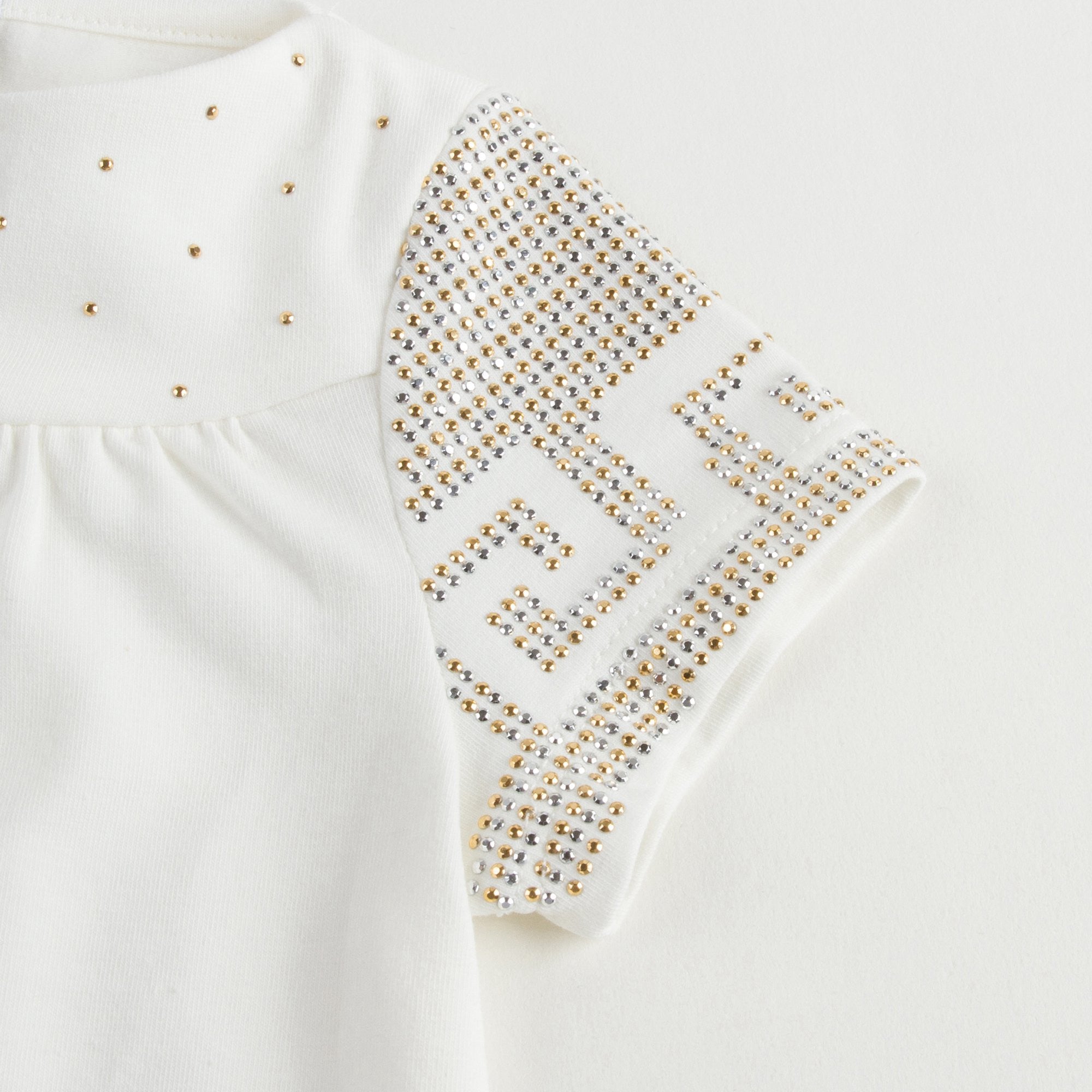 Chemisier en Coton Blanc pour Bébé Fille avec Bordures en Strass Dorés