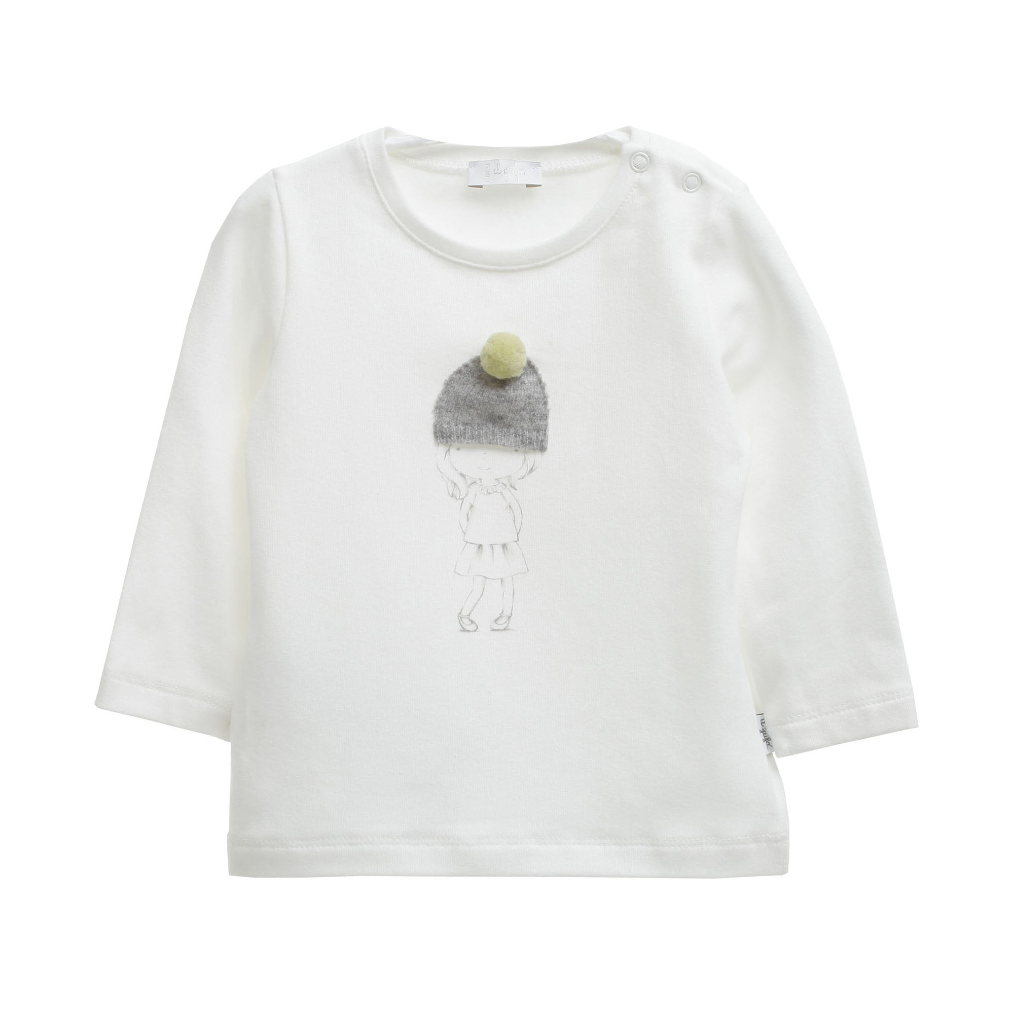 Baby Girls Milk White Cotton T-Shirt With Apple Green Pom-pom - CÉMAROSE | Children's Fashion Store - 1