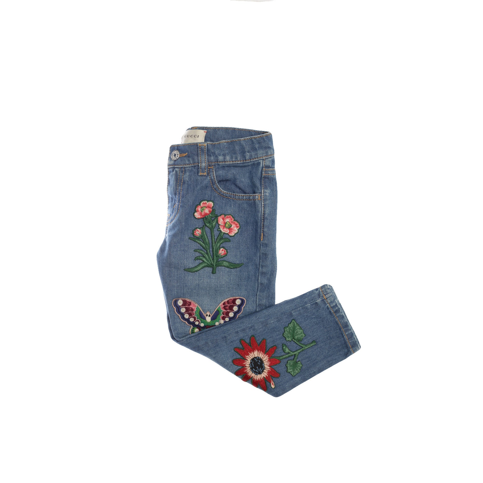 Girls Blue Denim Coytton Jeans With Embroidered Flower Trims - CÉMAROSE | Children's Fashion Store - 3