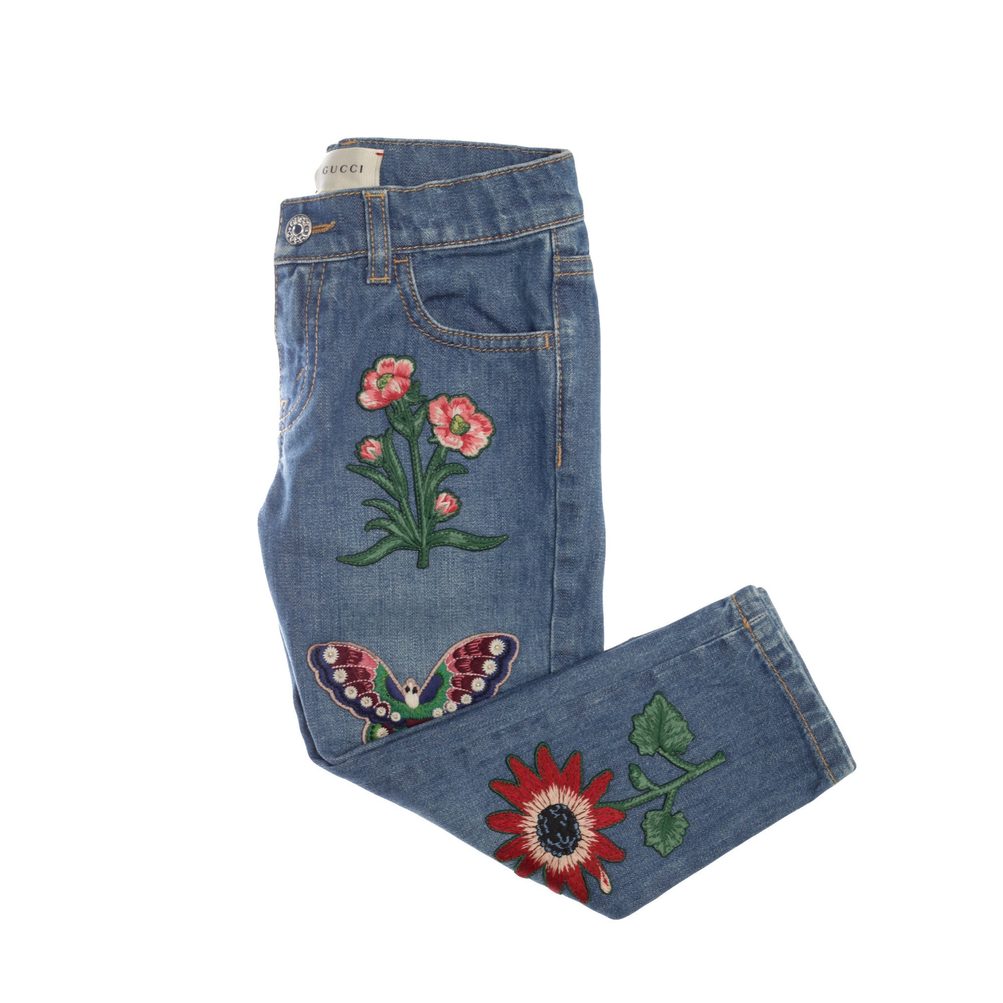 Girls Blue Denim Coytton Jeans With Embroidered Flower Trims - CÉMAROSE | Children's Fashion Store - 4