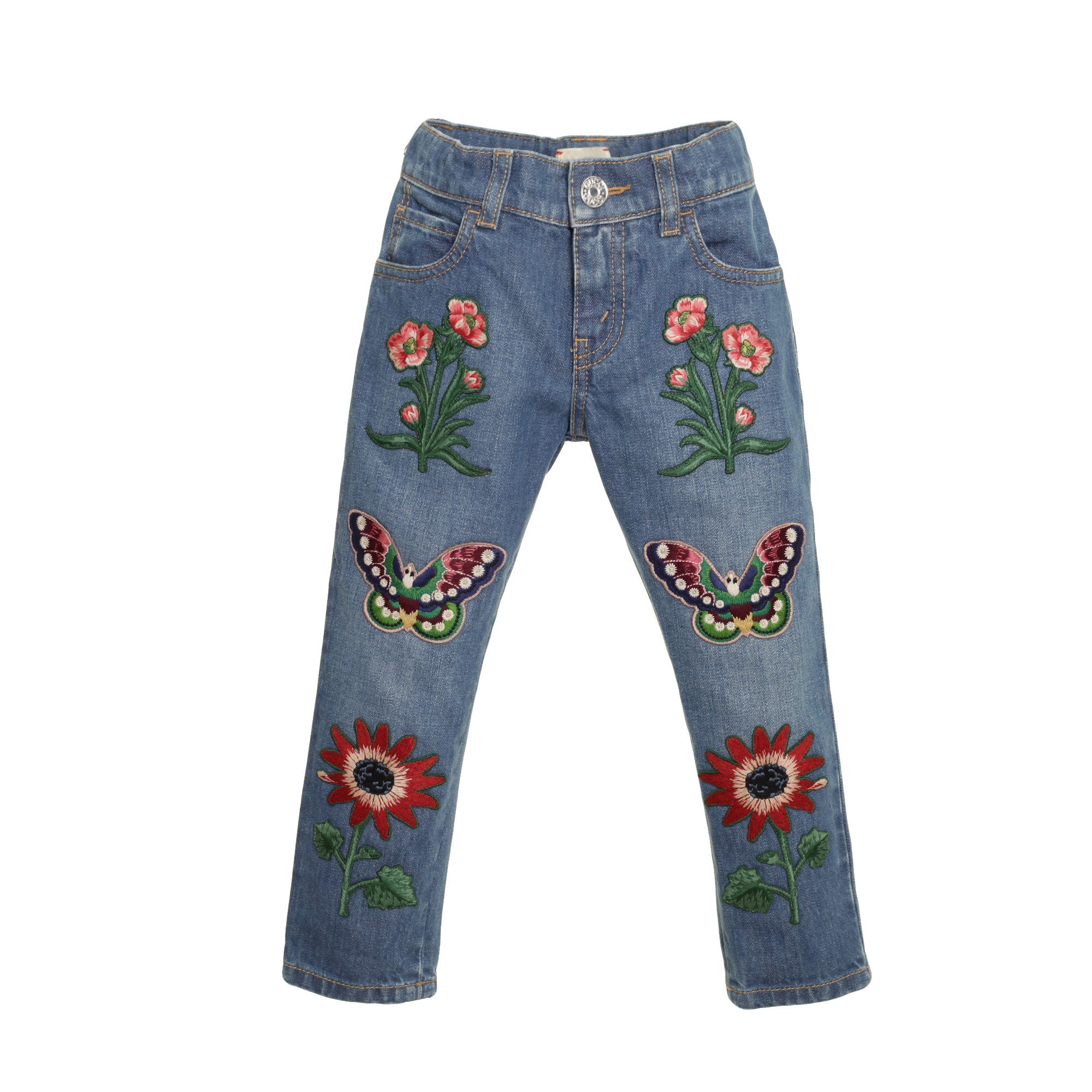 Girls Blue Denim Coytton Jeans With Embroidered Flower Trims - CÉMAROSE | Children's Fashion Store - 1