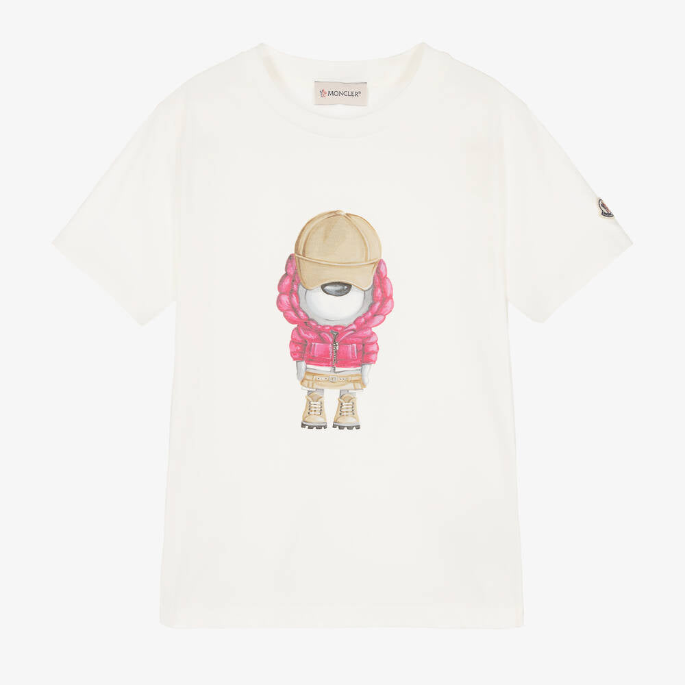 Girls White Printed Cotton T-Shirt