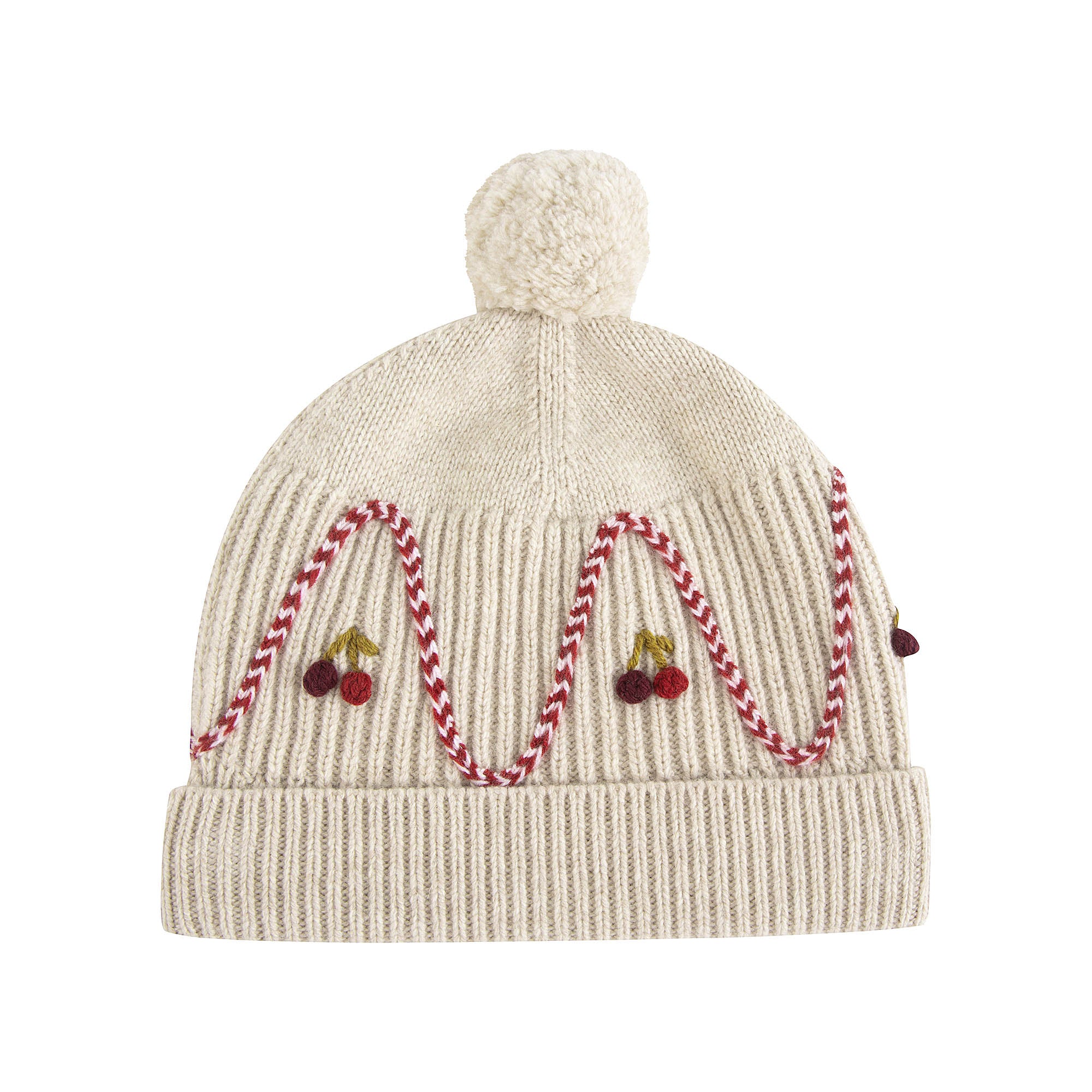 Girls Beige Cherry Embroidered Wool Hat