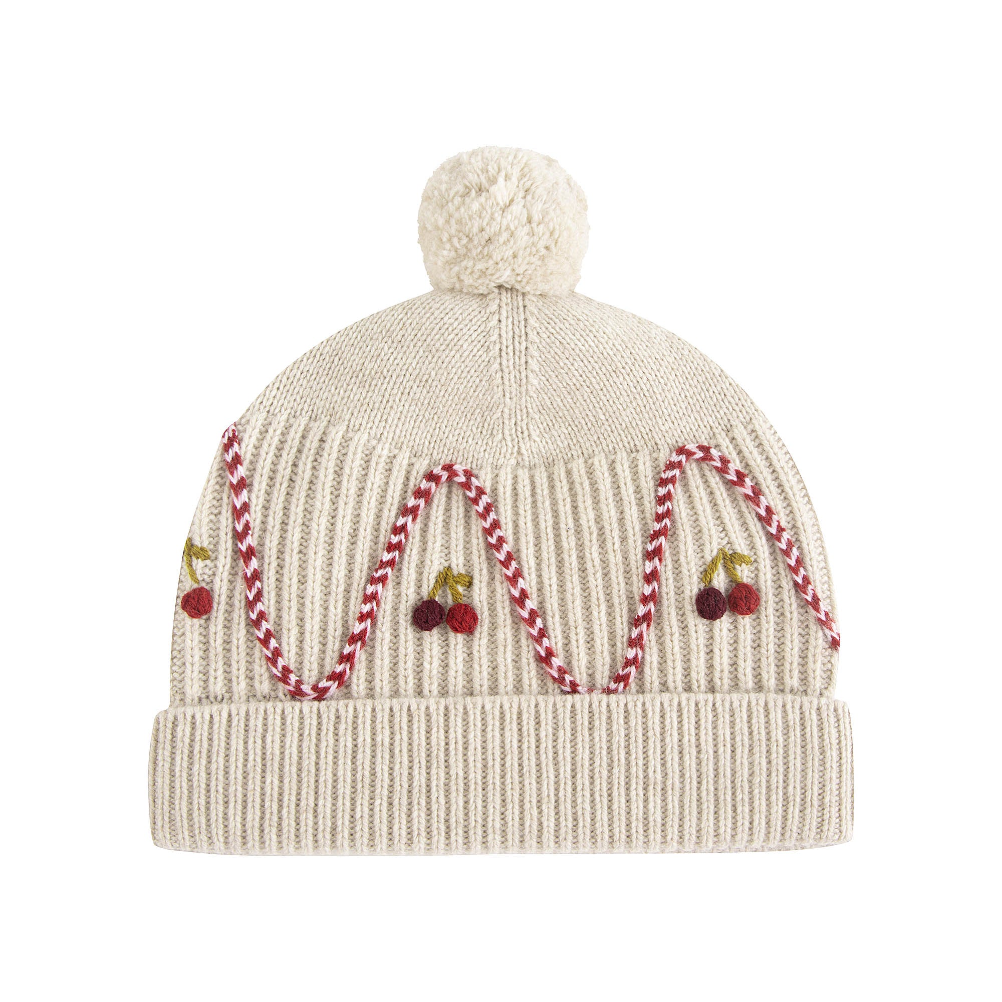 Girls Beige Cherry Embroidered Wool Hat