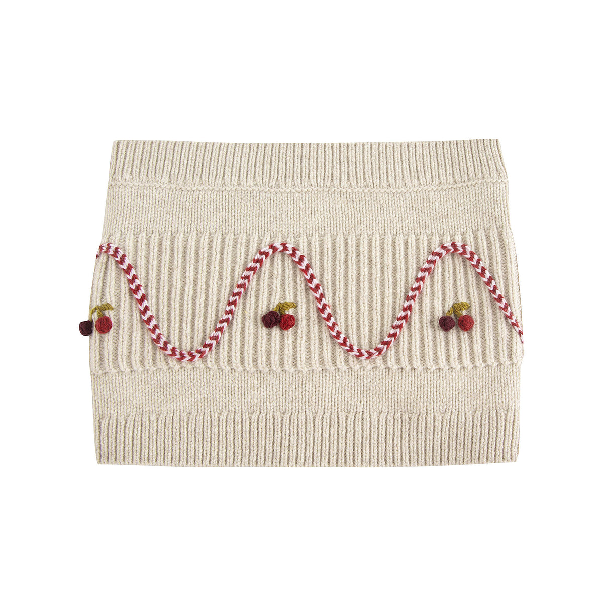 Girls Beige Cherry Embroidered Wool Scarf