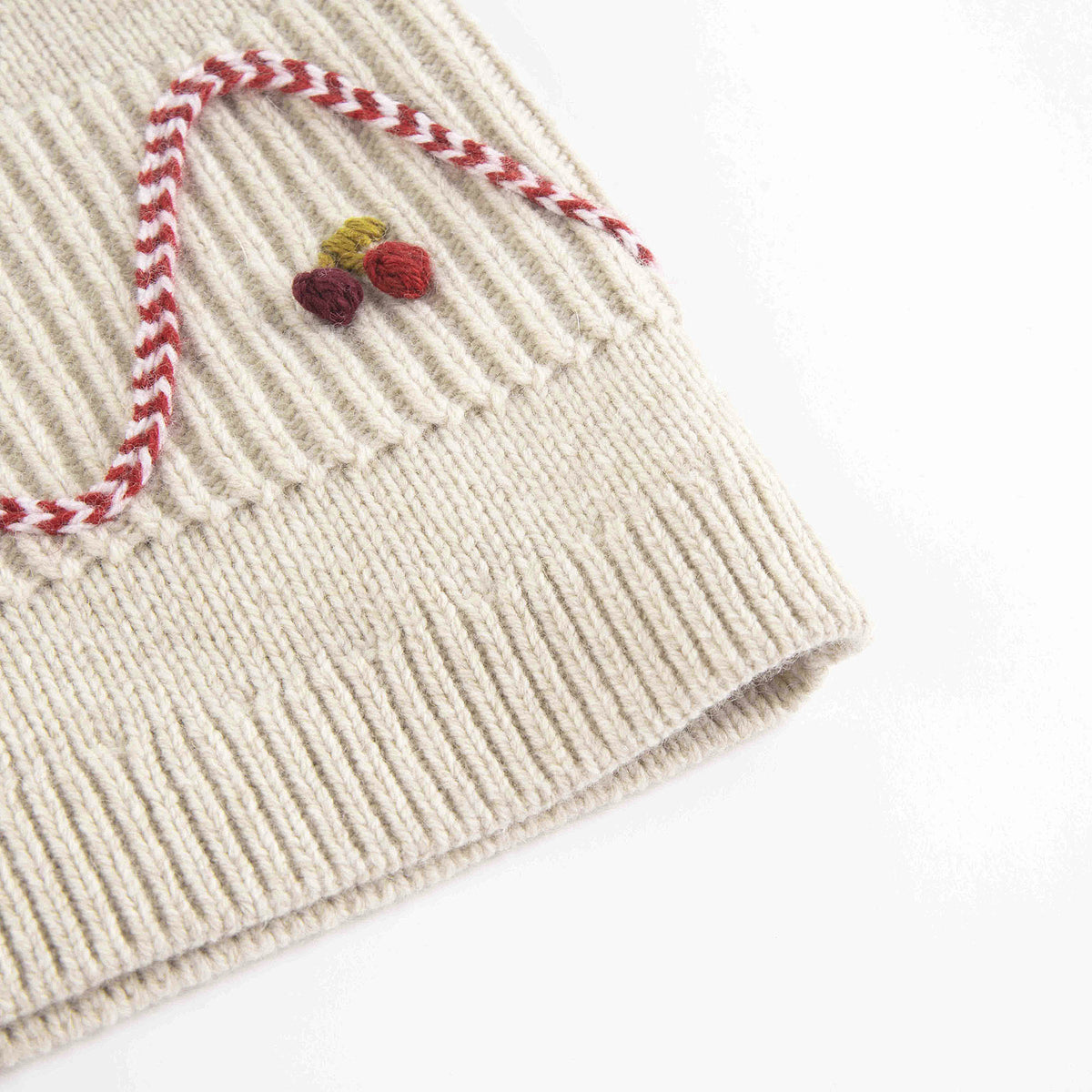 Girls Beige Cherry Embroidered Wool Scarf