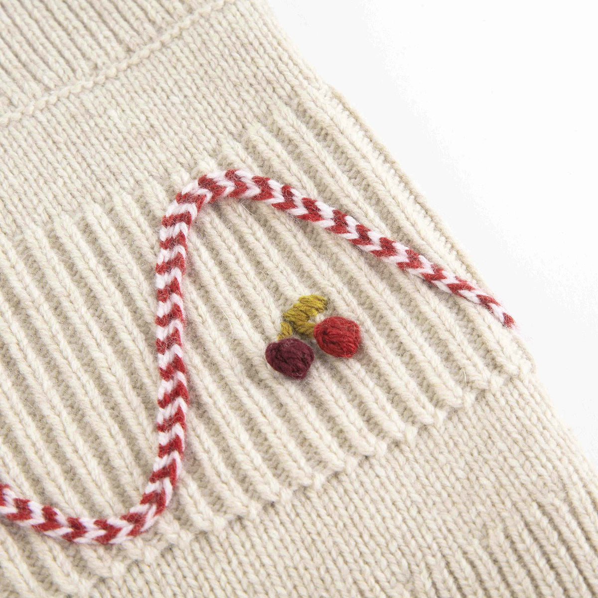 Girls Beige Cherry Embroidered Wool Scarf
