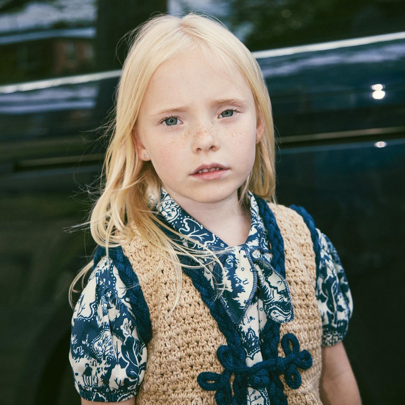 Girls Blue Printed Cotton Dress
