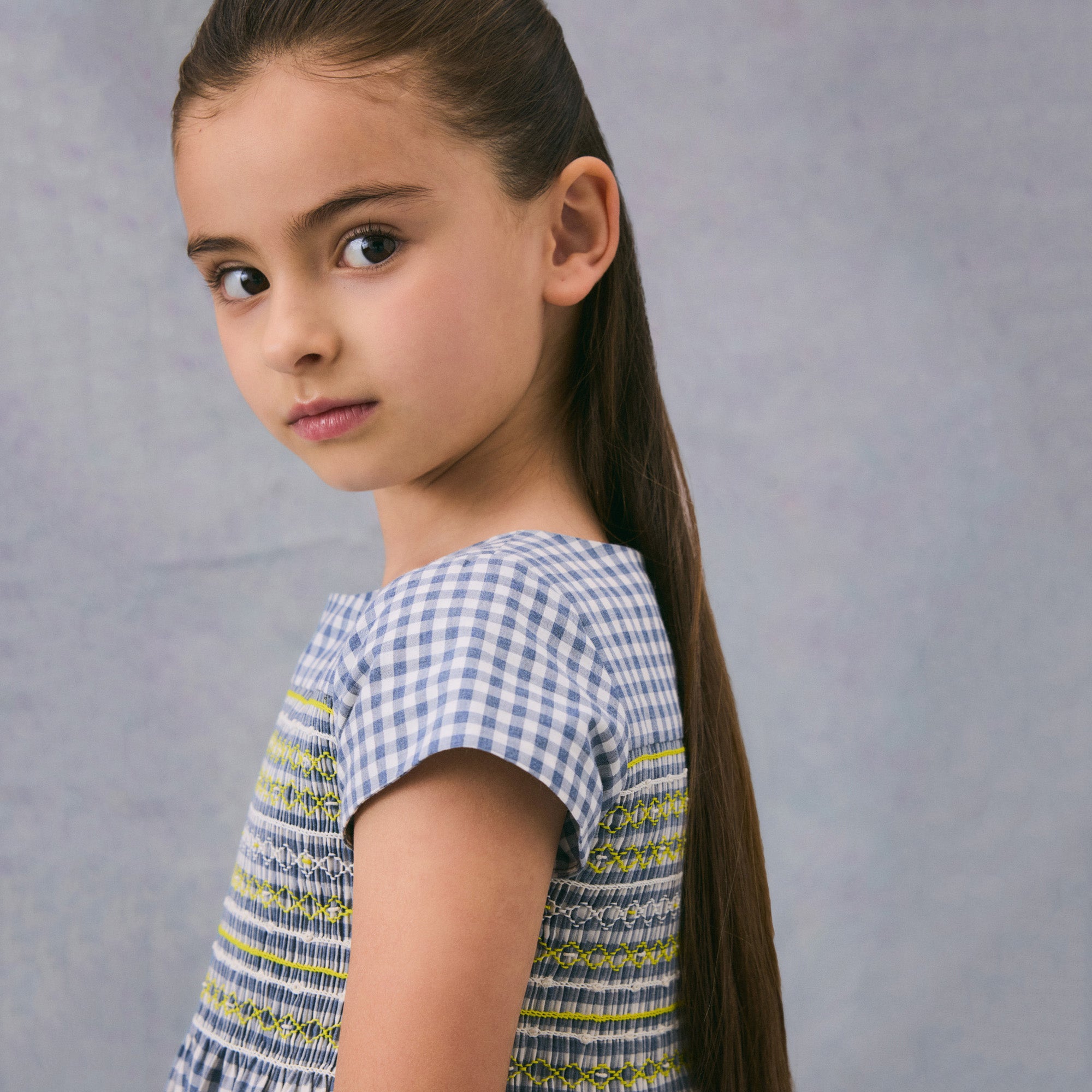 Girls Grey Blue Check Cotton Dress