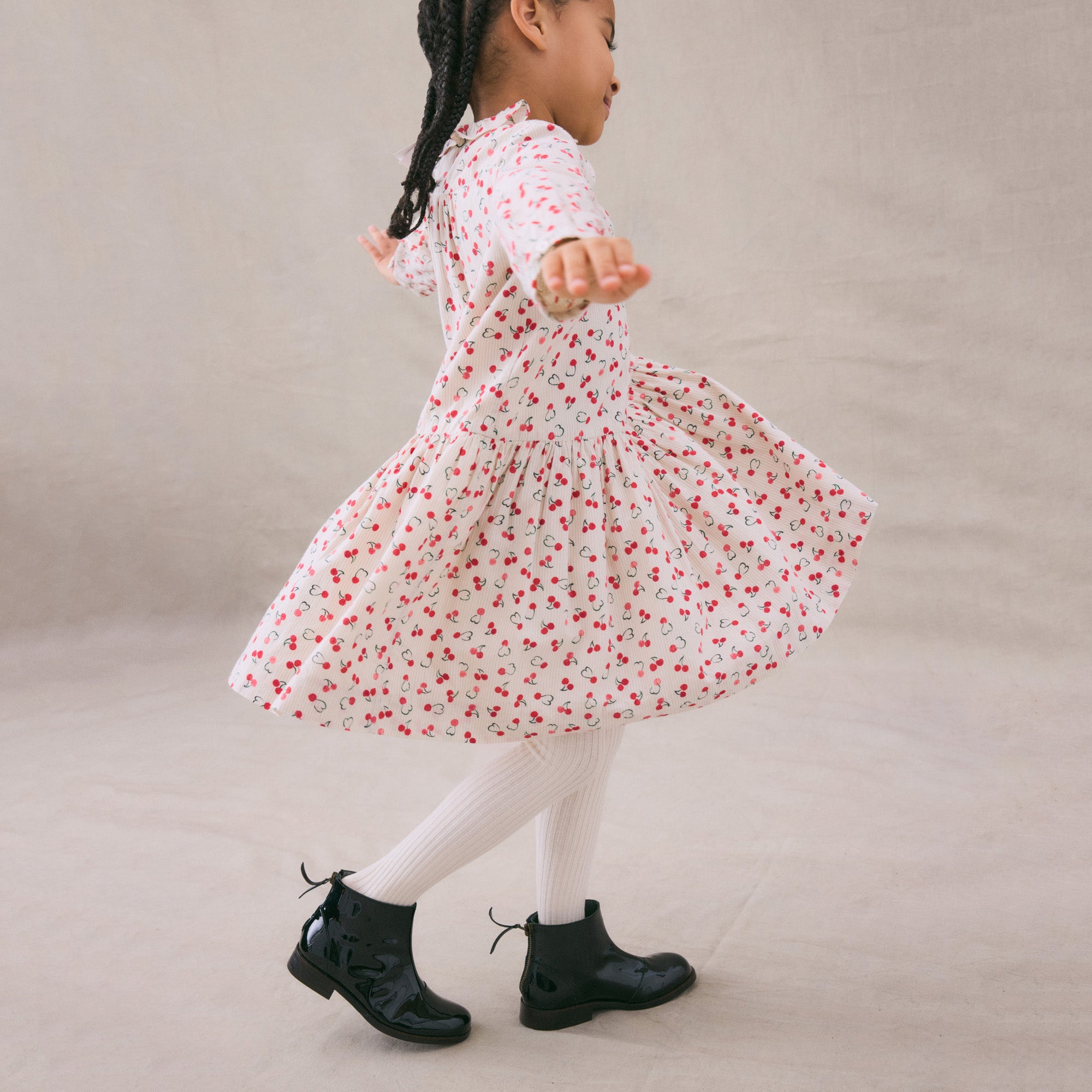 Girls Beige Cherry Cotton Dress