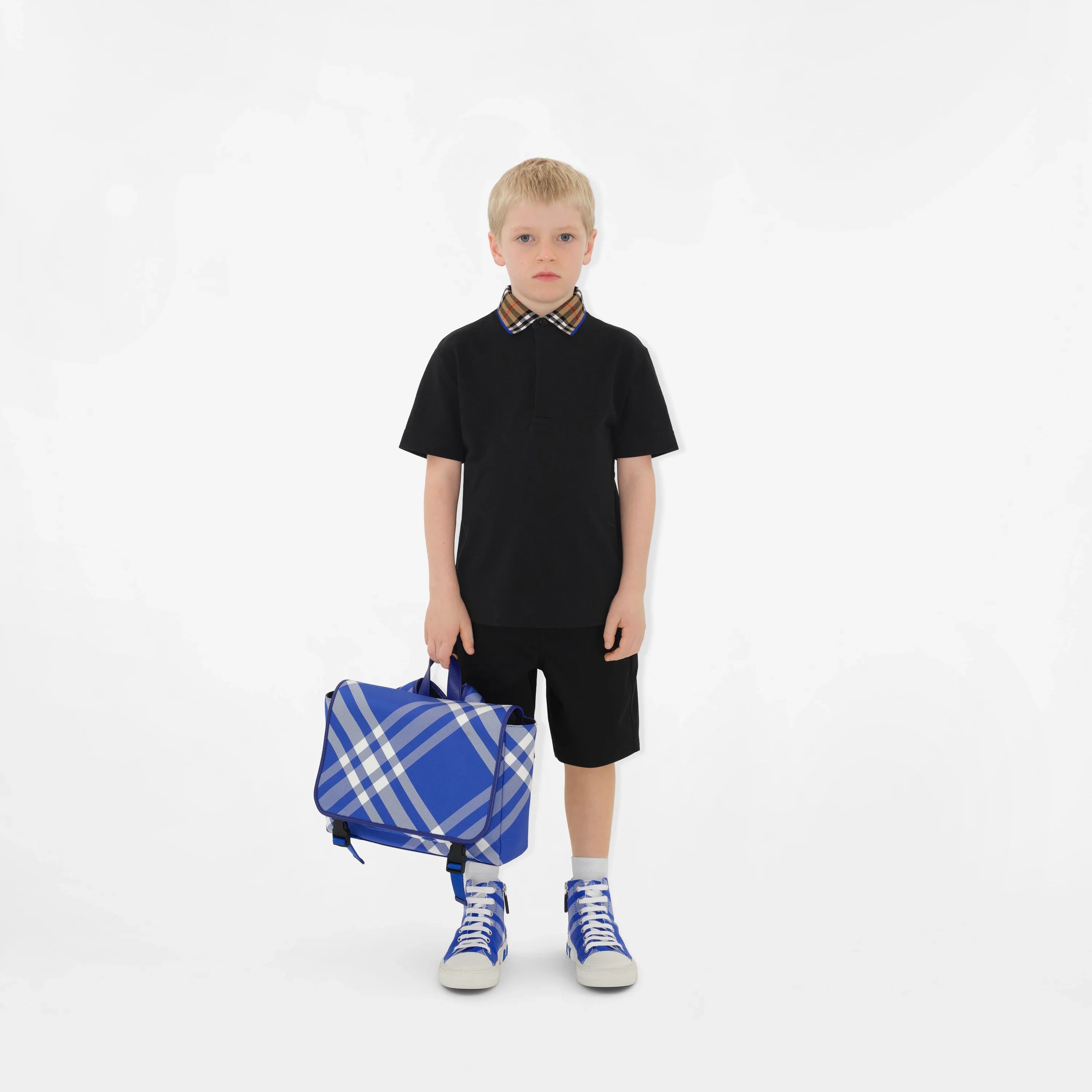Boys Check Collar Johane Polo Shirt in Black