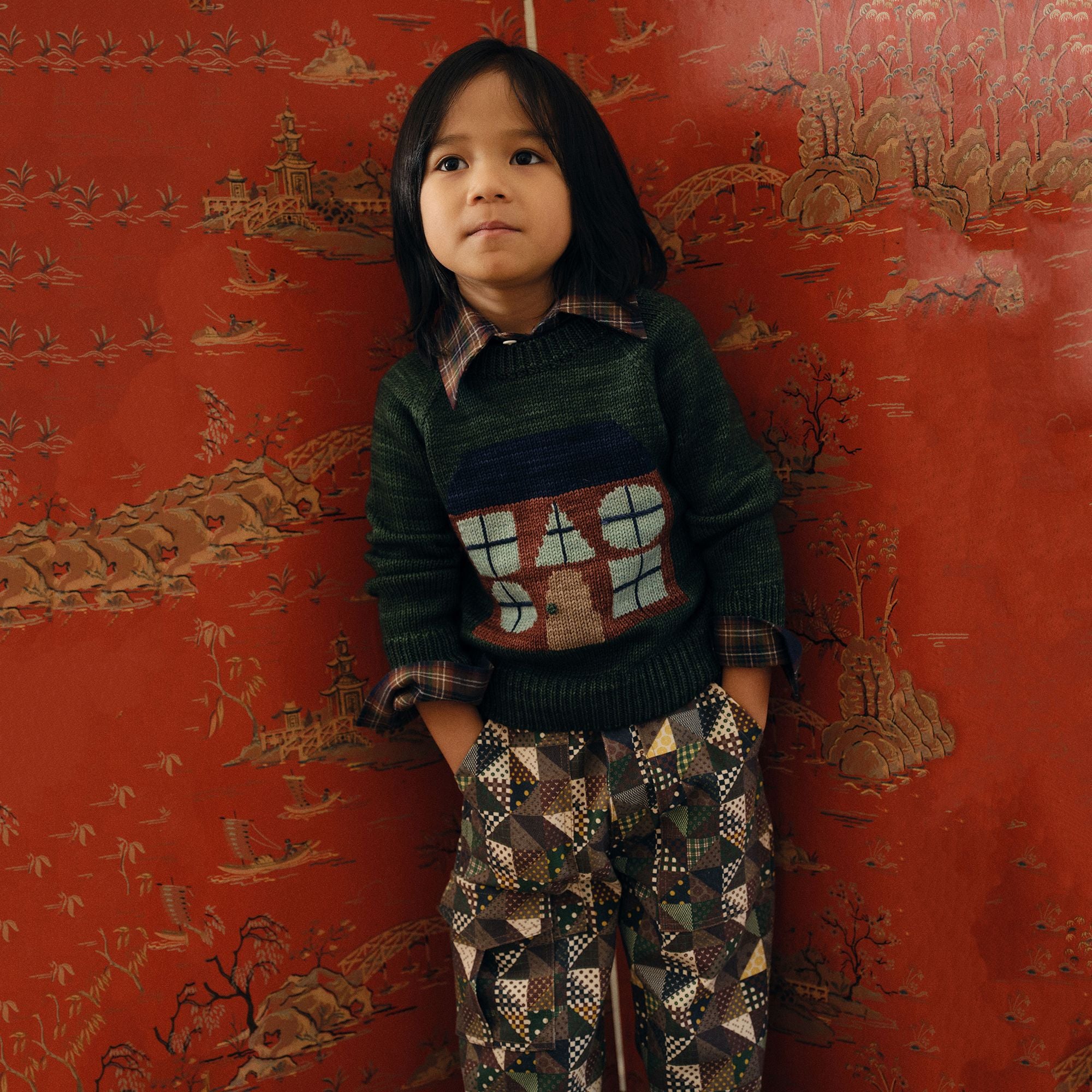 Boys & Girls Green House Jacquard Wool Sweater