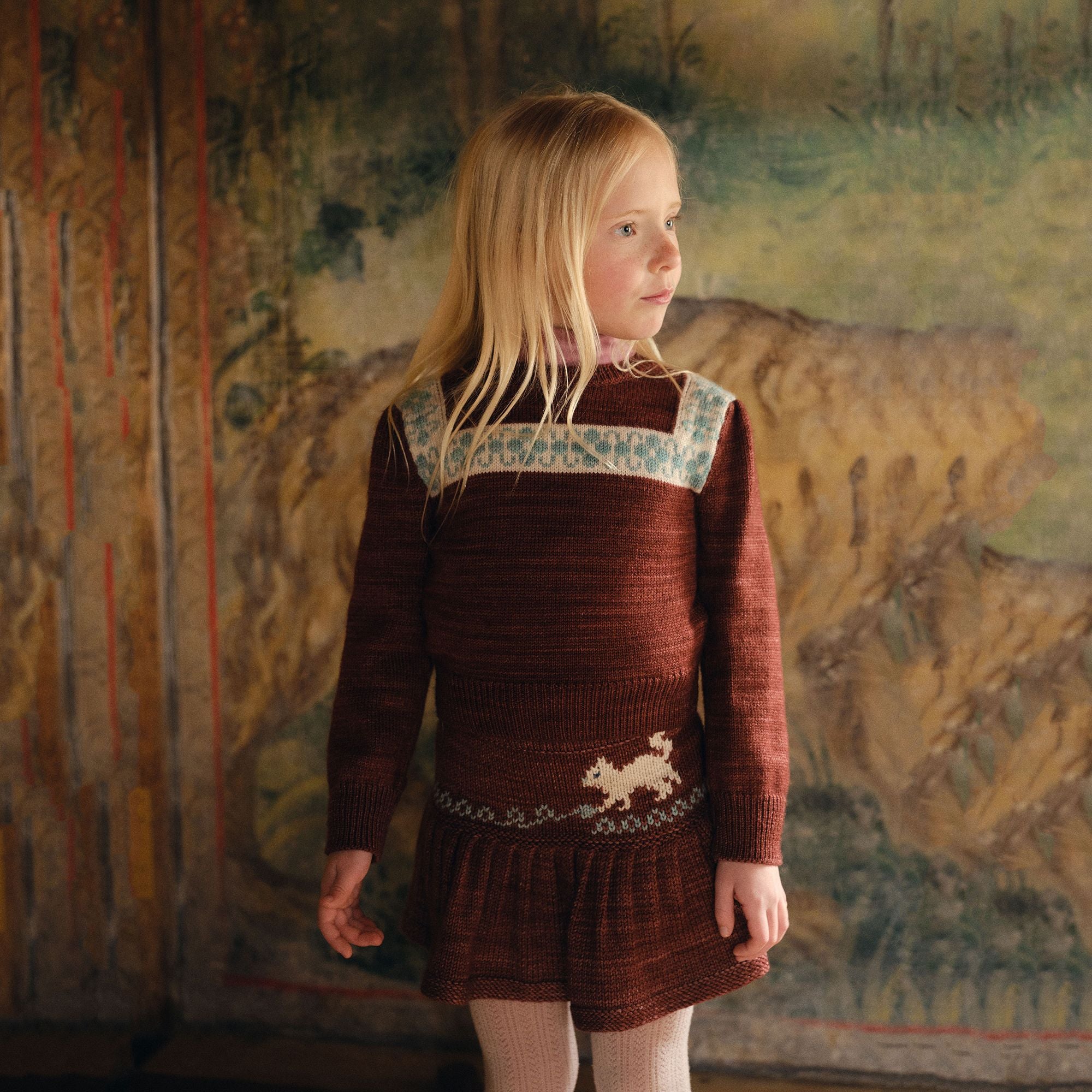 Girls Brick Red Cat Wool Skirt