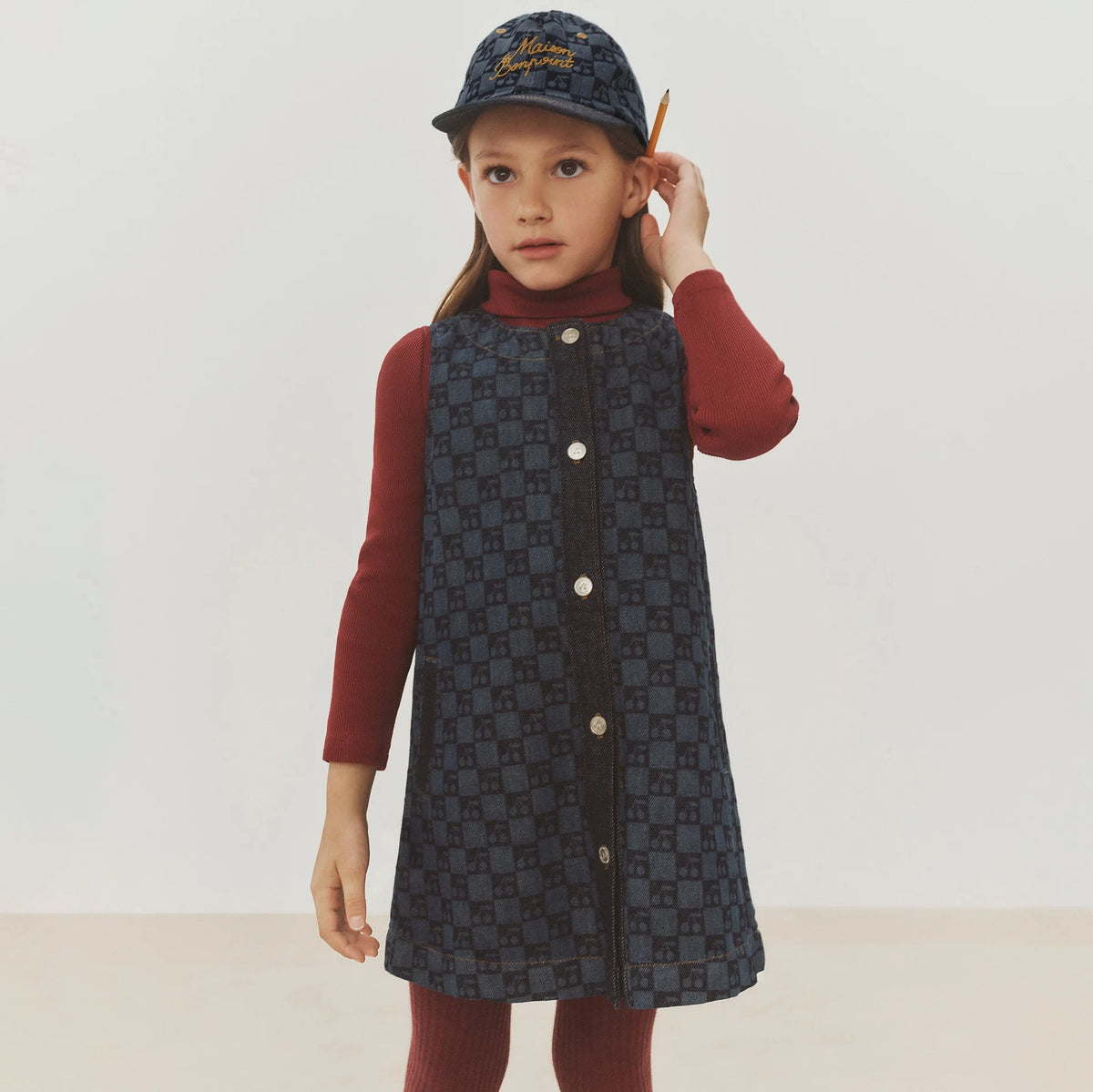 Robe en jean à carreaux bleu foncé pour filles