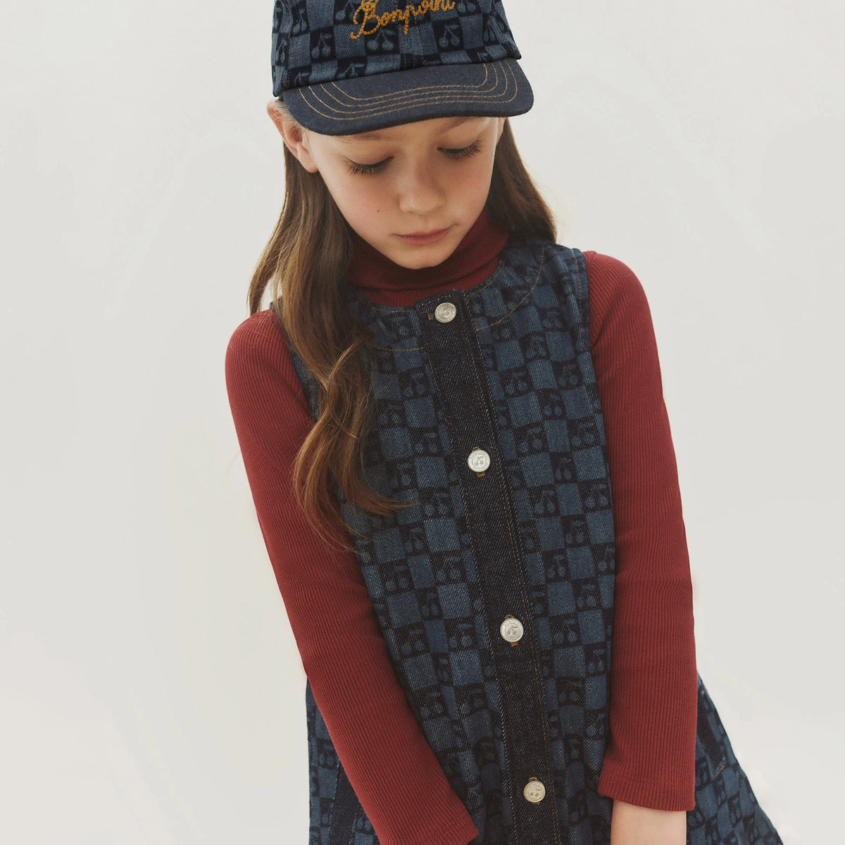 Robe en jean à carreaux bleu foncé pour filles